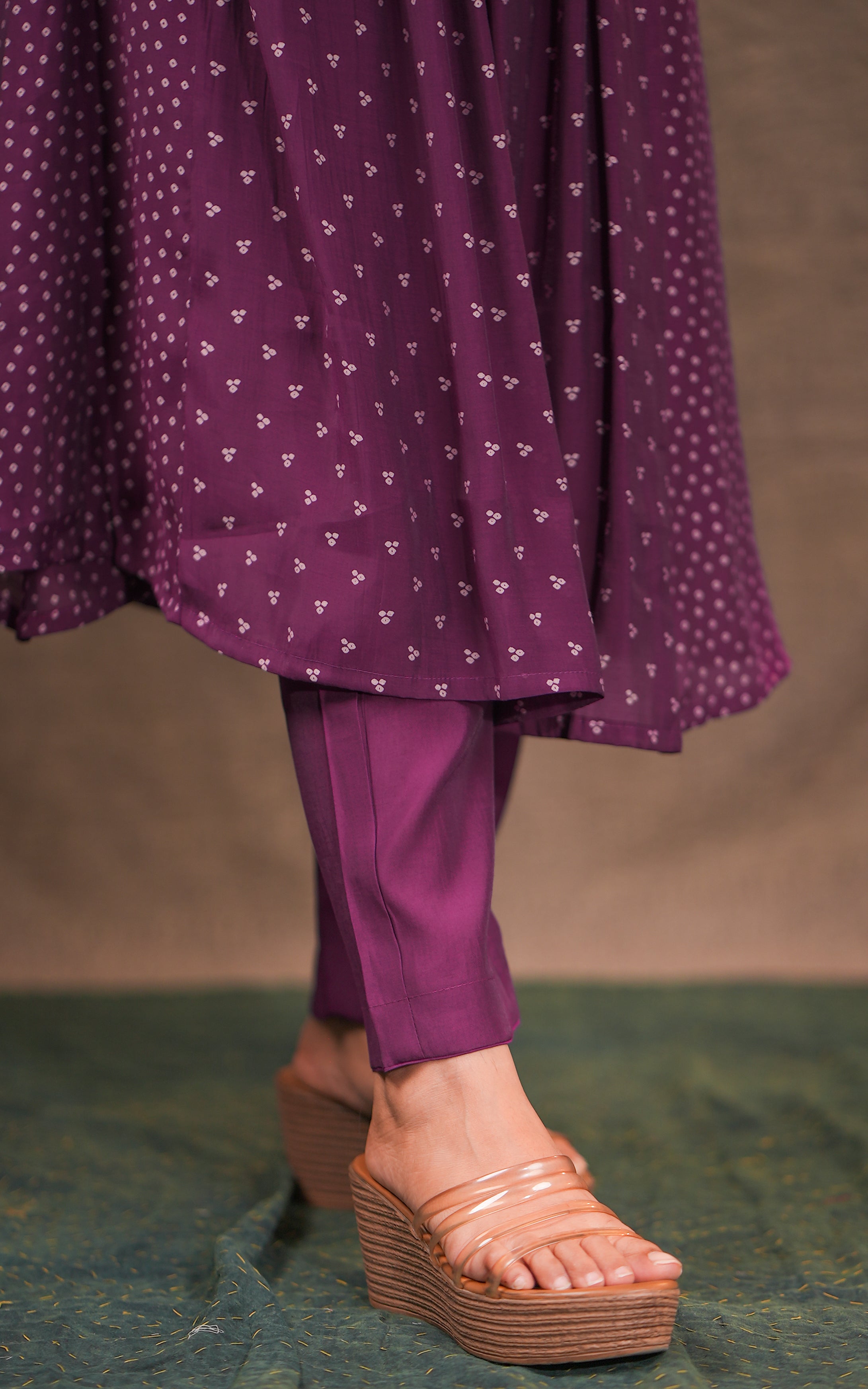 Instore - Purple Color Art Silk Embroidered Flared Anarkali Kurti with Pant & Embroidered Art Silk Dupatta, Cotton Lining