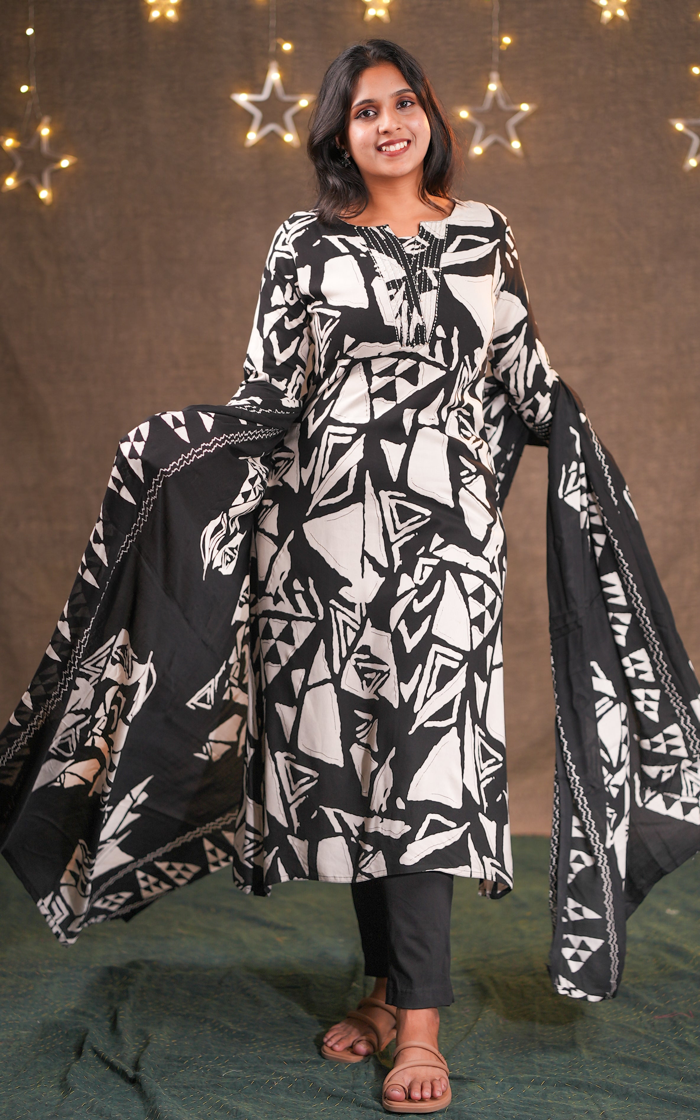 Instore - Black & White Color Rayon Aline Kurti with Side Slit Paired with a Dupatta & No Lining
