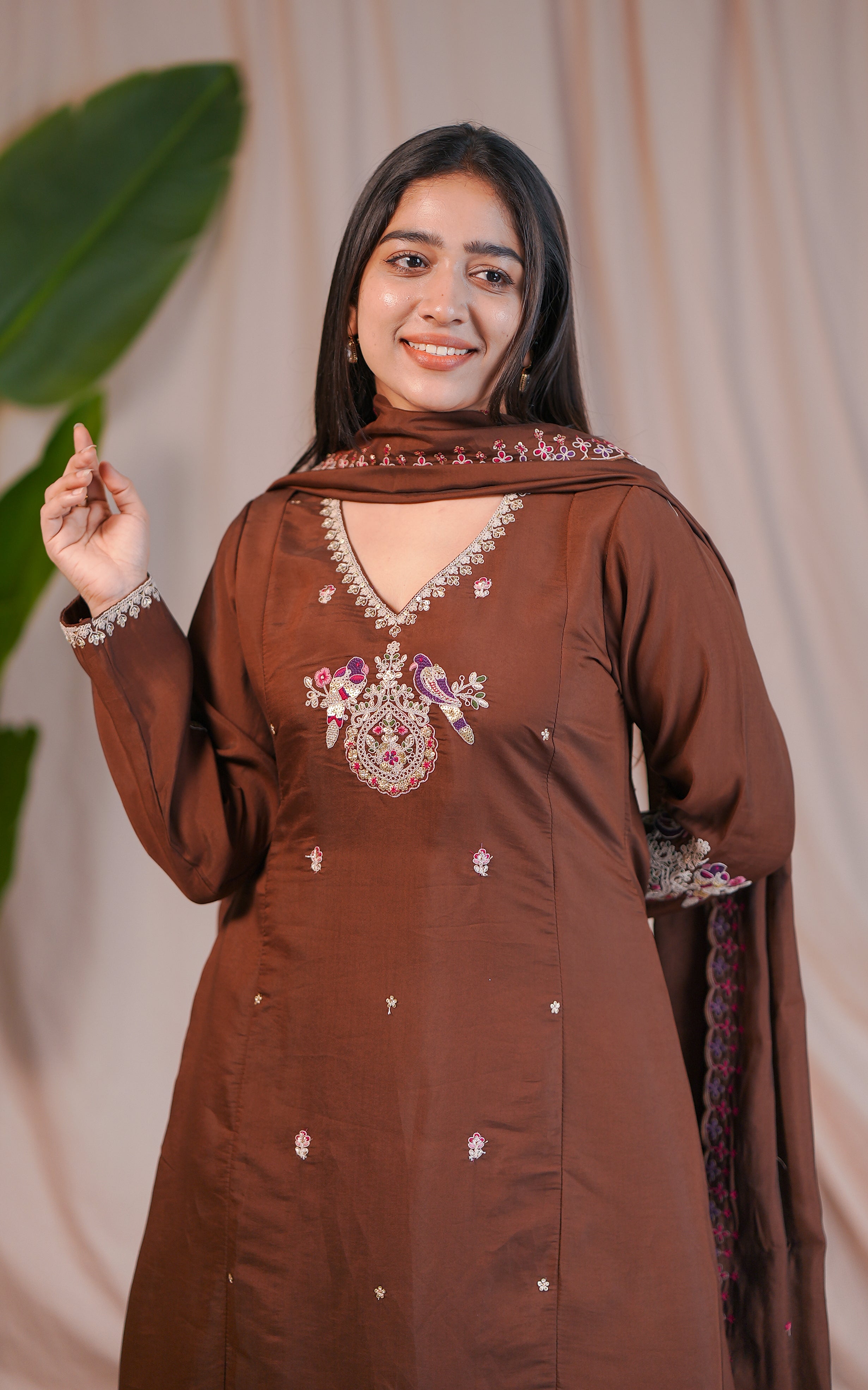 Brown Art Silk V-Neck A-Line Kurti with Floral Embroidery