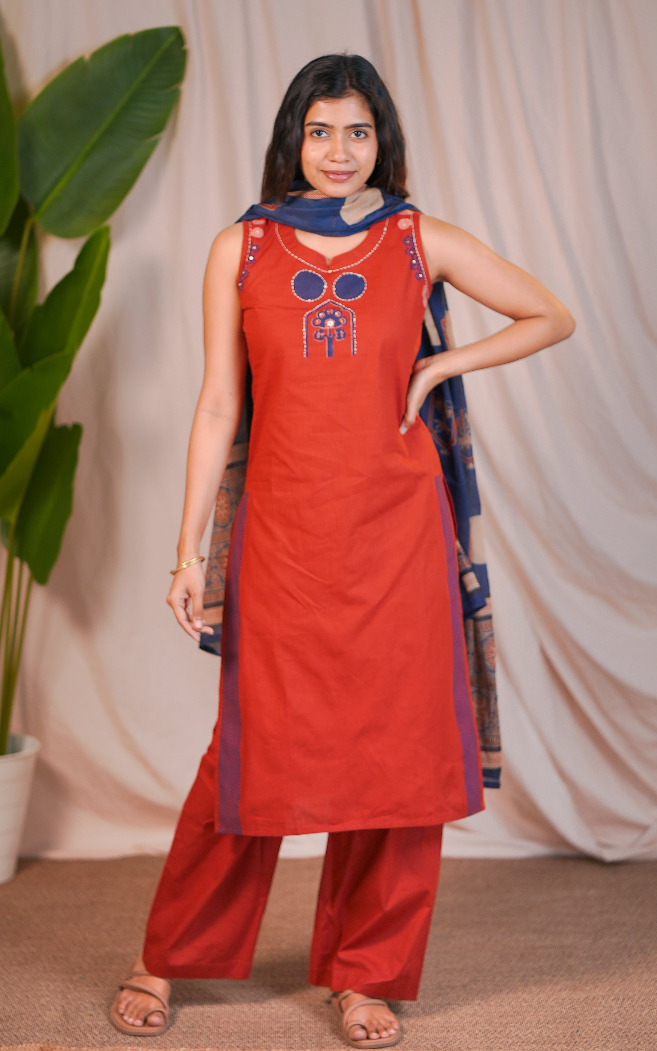 Instore – Innisai A Rust Cotton Handblock Straight Cut Kurti with Side Slit, Palazzo Pant with Elastic Waistband, and Handblock Printed Cotton Dupatta – Women's Ethnic Set