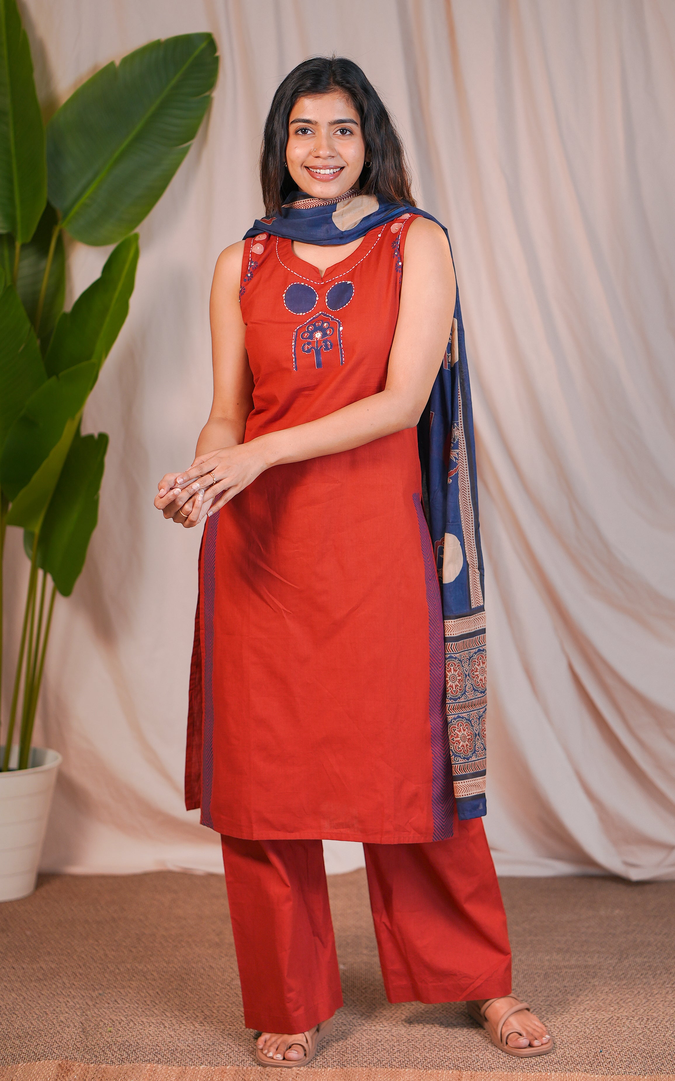 Instore – Innisai A Rust Cotton Handblock Straight Cut Kurti with Side Slit, Palazzo Pant with Elastic Waistband, and Handblock Printed Cotton Dupatta – Women's Ethnic Set