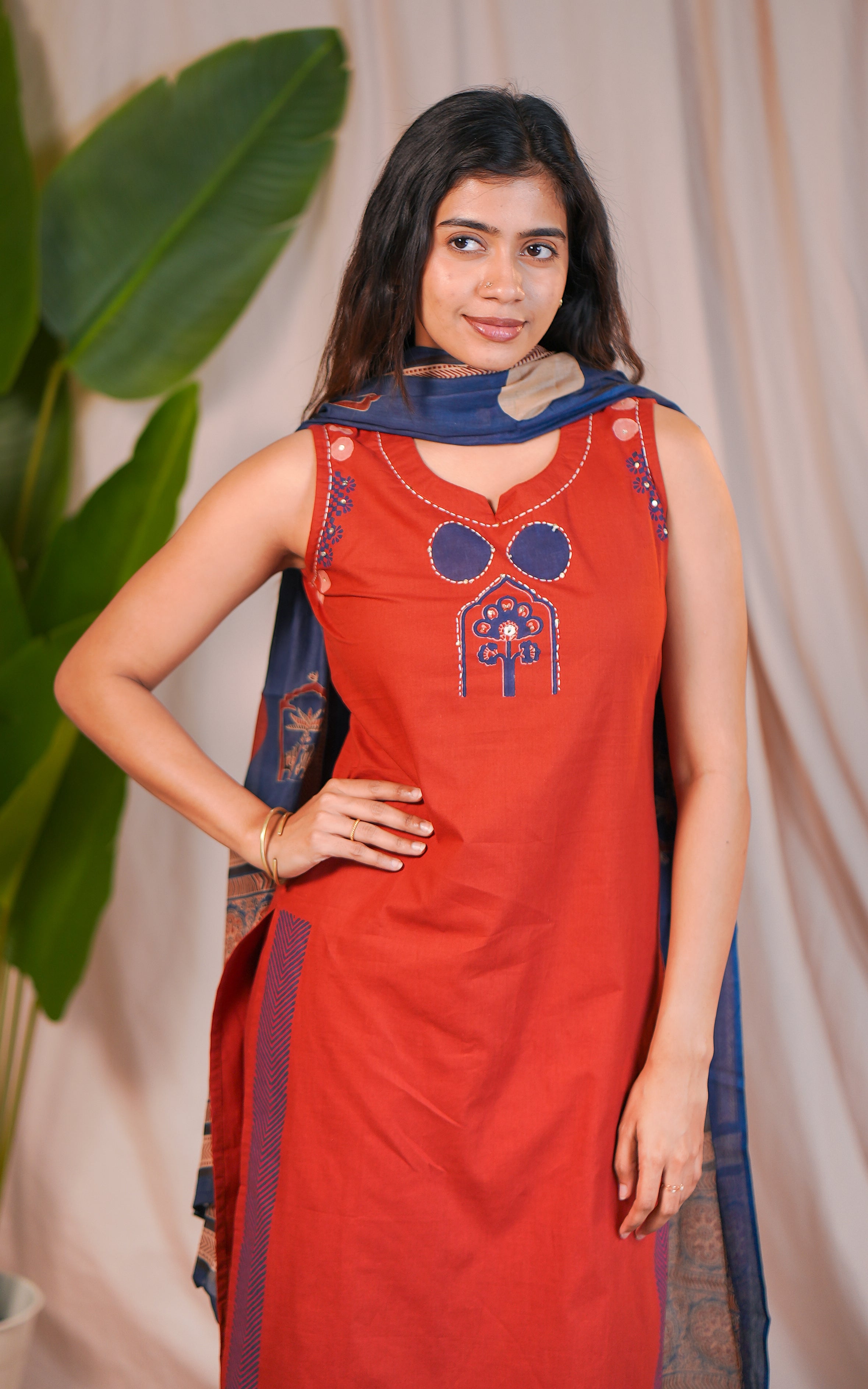 Instore – Innisai A Rust Cotton Handblock Straight Cut Kurti with Side Slit, Palazzo Pant with Elastic Waistband, and Handblock Printed Cotton Dupatta – Women's Ethnic Set