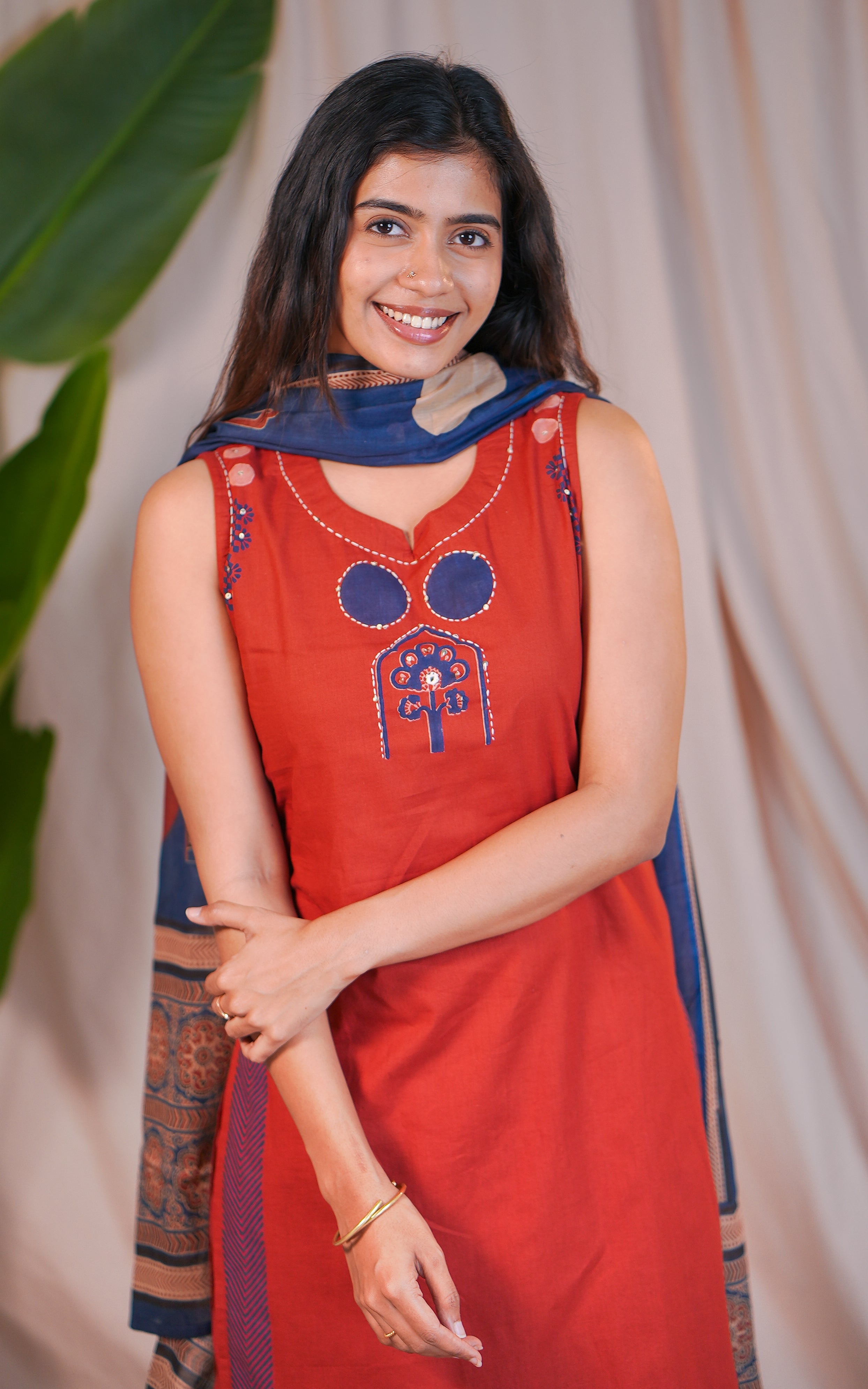Instore – Innisai A Rust Cotton Handblock Straight Cut Kurti with Side Slit, Palazzo Pant with Elastic Waistband, and Handblock Printed Cotton Dupatta – Women's Ethnic Set