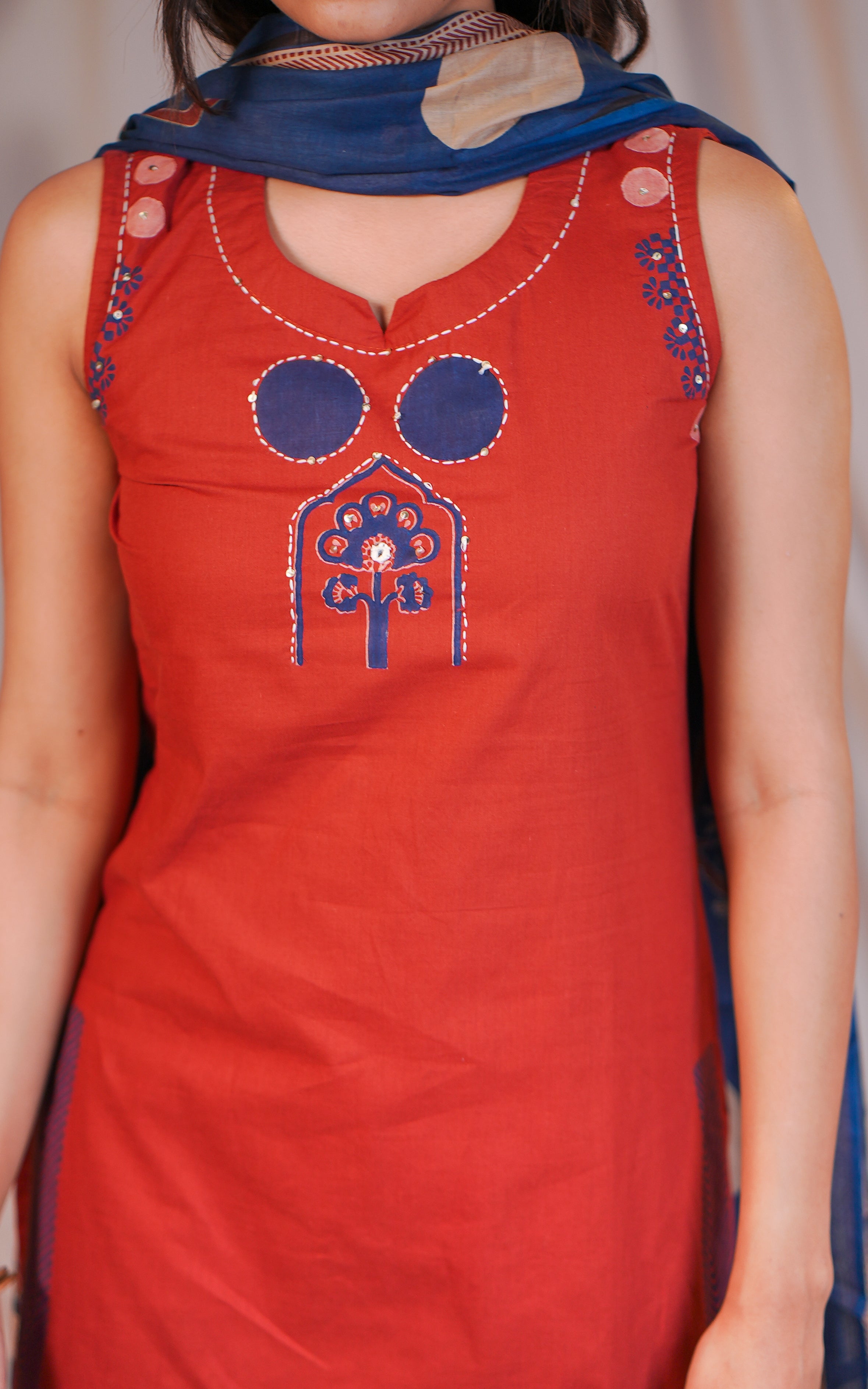 Instore – Innisai A Rust Cotton Handblock Straight Cut Kurti with Side Slit, Palazzo Pant with Elastic Waistband, and Handblock Printed Cotton Dupatta – Women's Ethnic Set