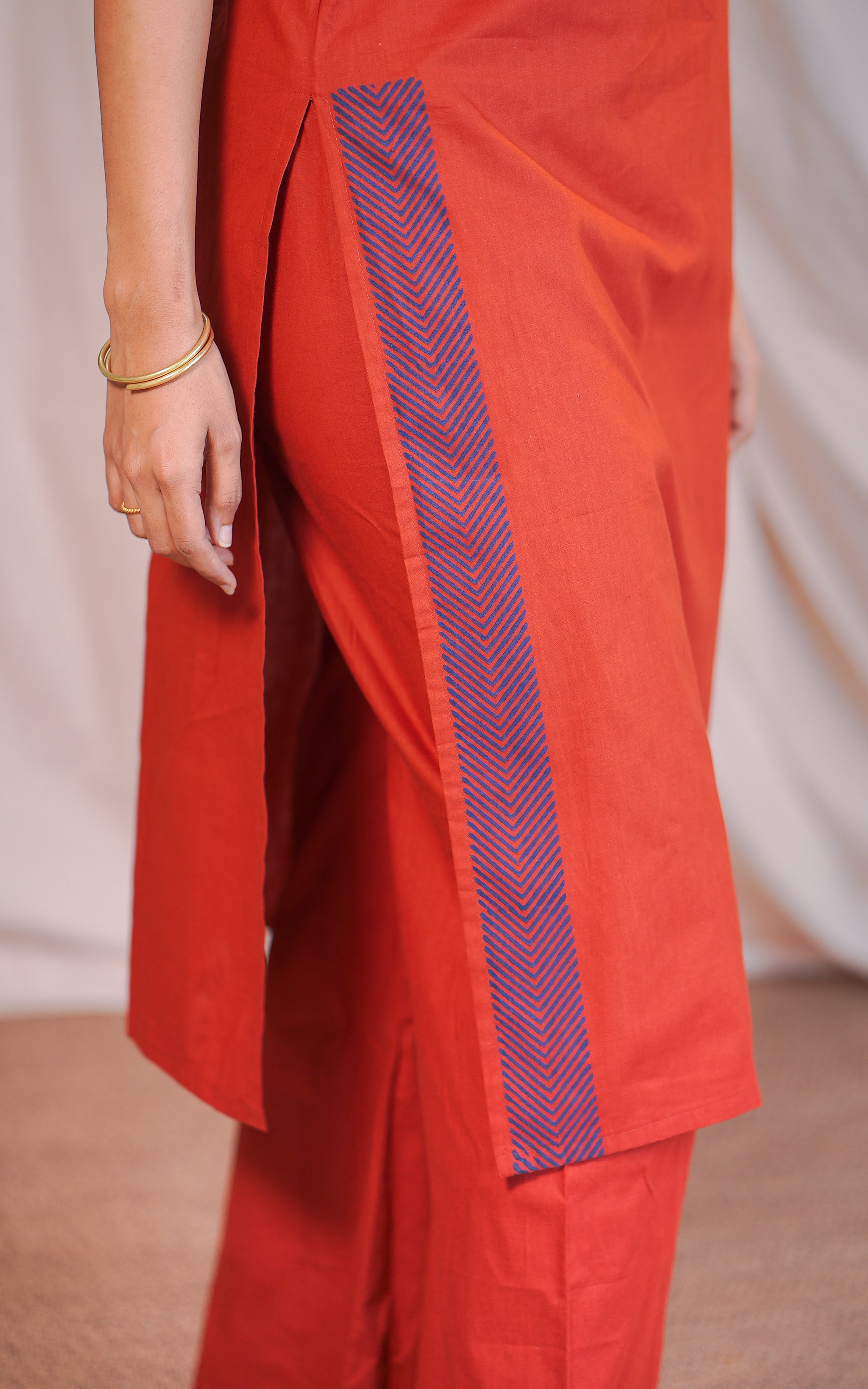 Instore – Innisai A Rust Cotton Handblock Straight Cut Kurti with Side Slit, Palazzo Pant with Elastic Waistband, and Handblock Printed Cotton Dupatta – Women's Ethnic Set