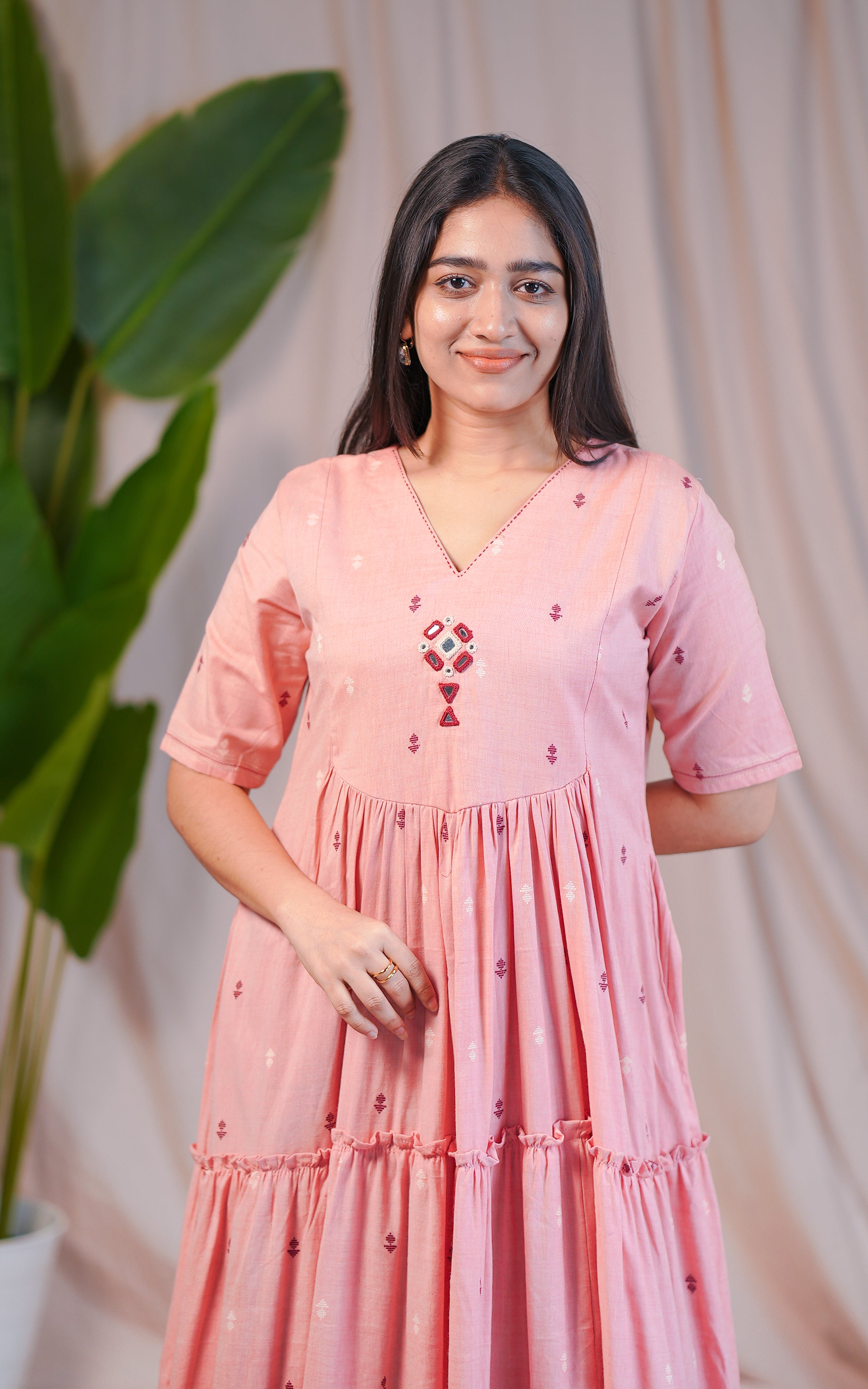 Peach V-Neck Cotton Kurti with Mirror Work