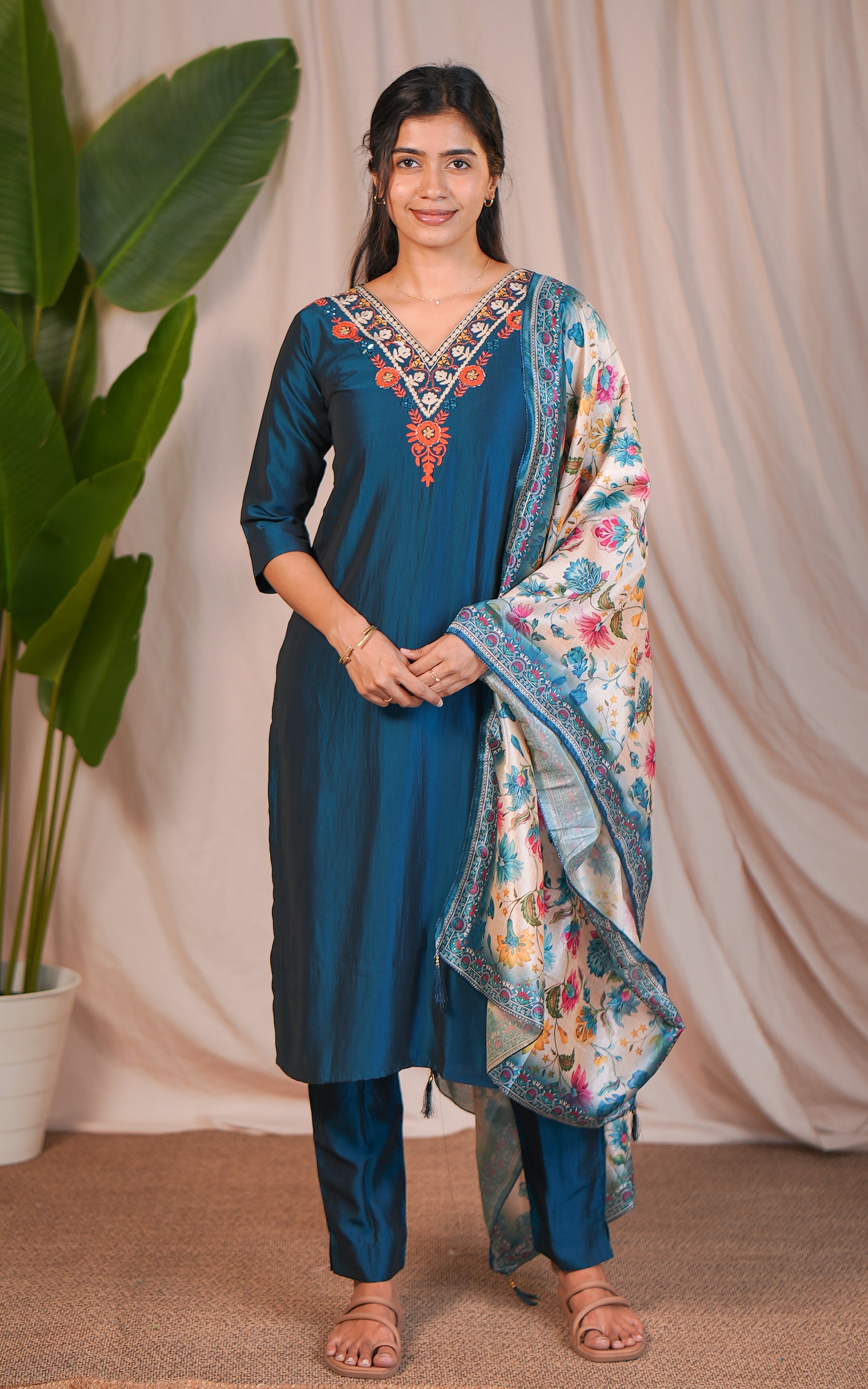 V neck straight kurti set for women
