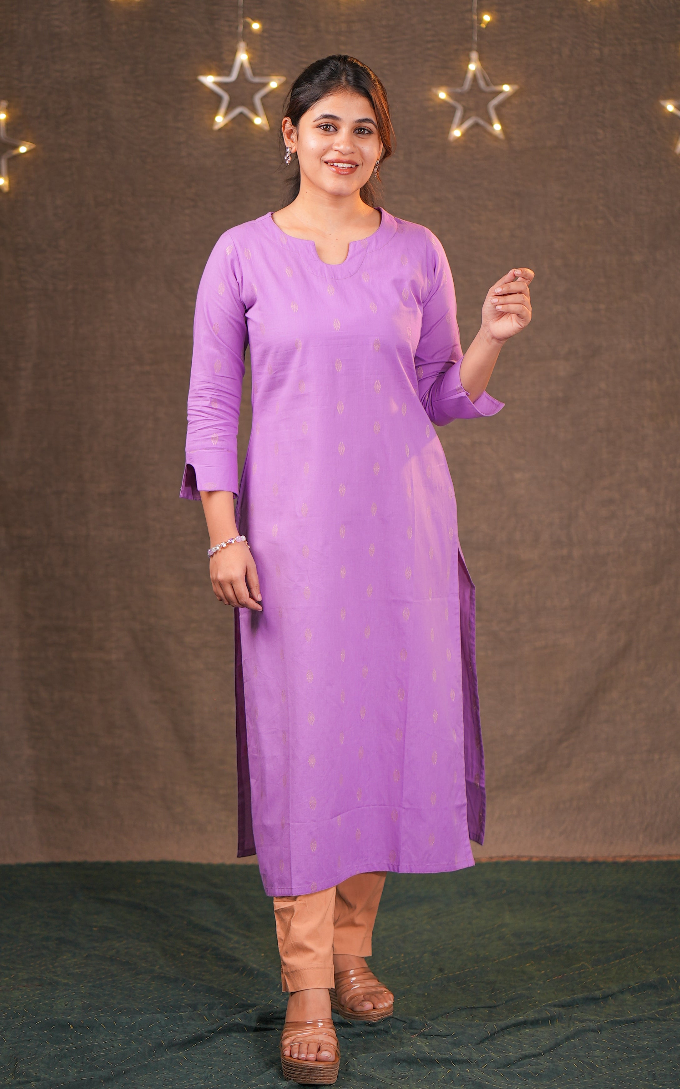 Instore - Lavender Cotton Cotton Straight Cut Kurti with Side Slits and Golden Zari Butta and No Lining