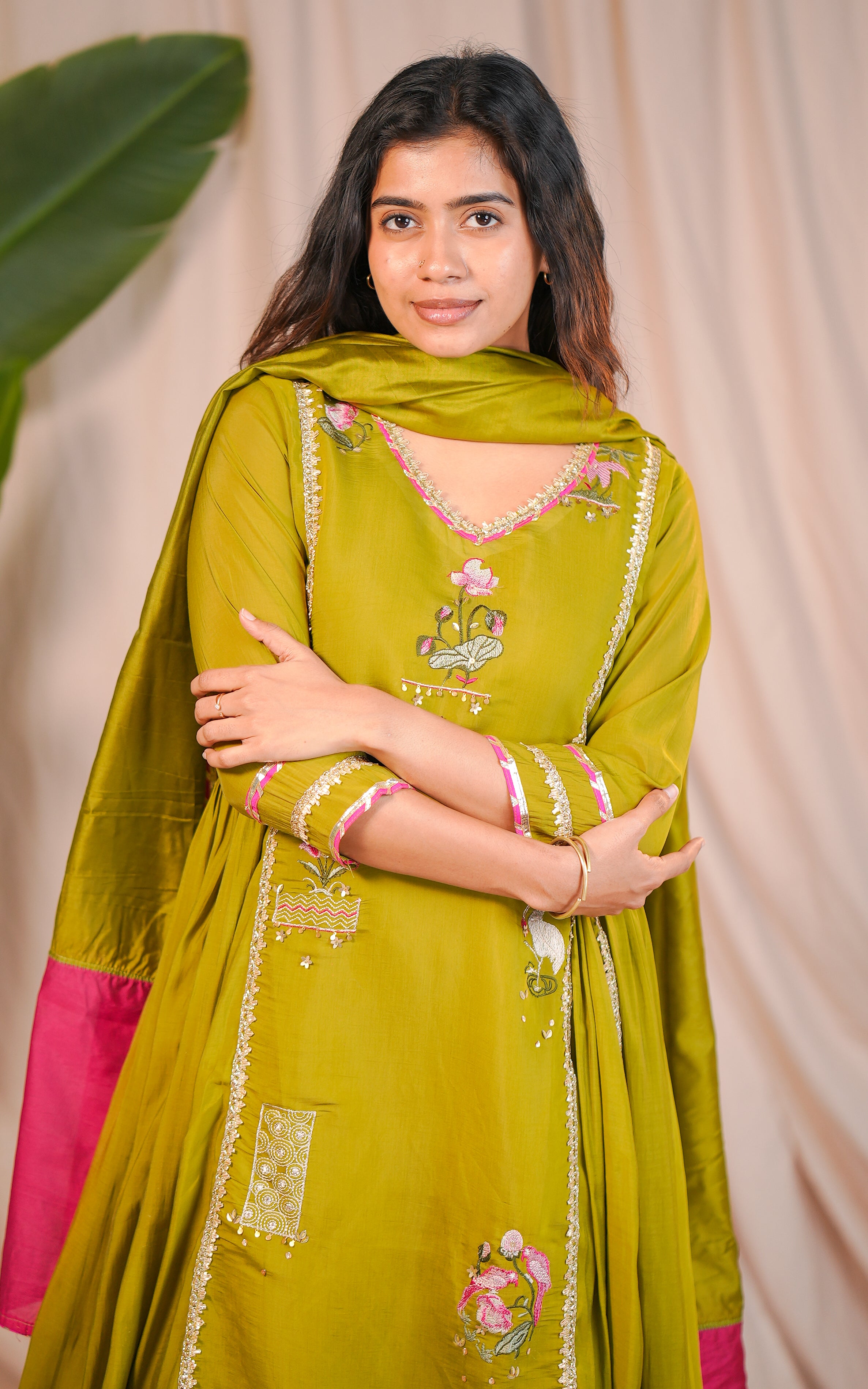 Olive green soft silk blend kurti for women