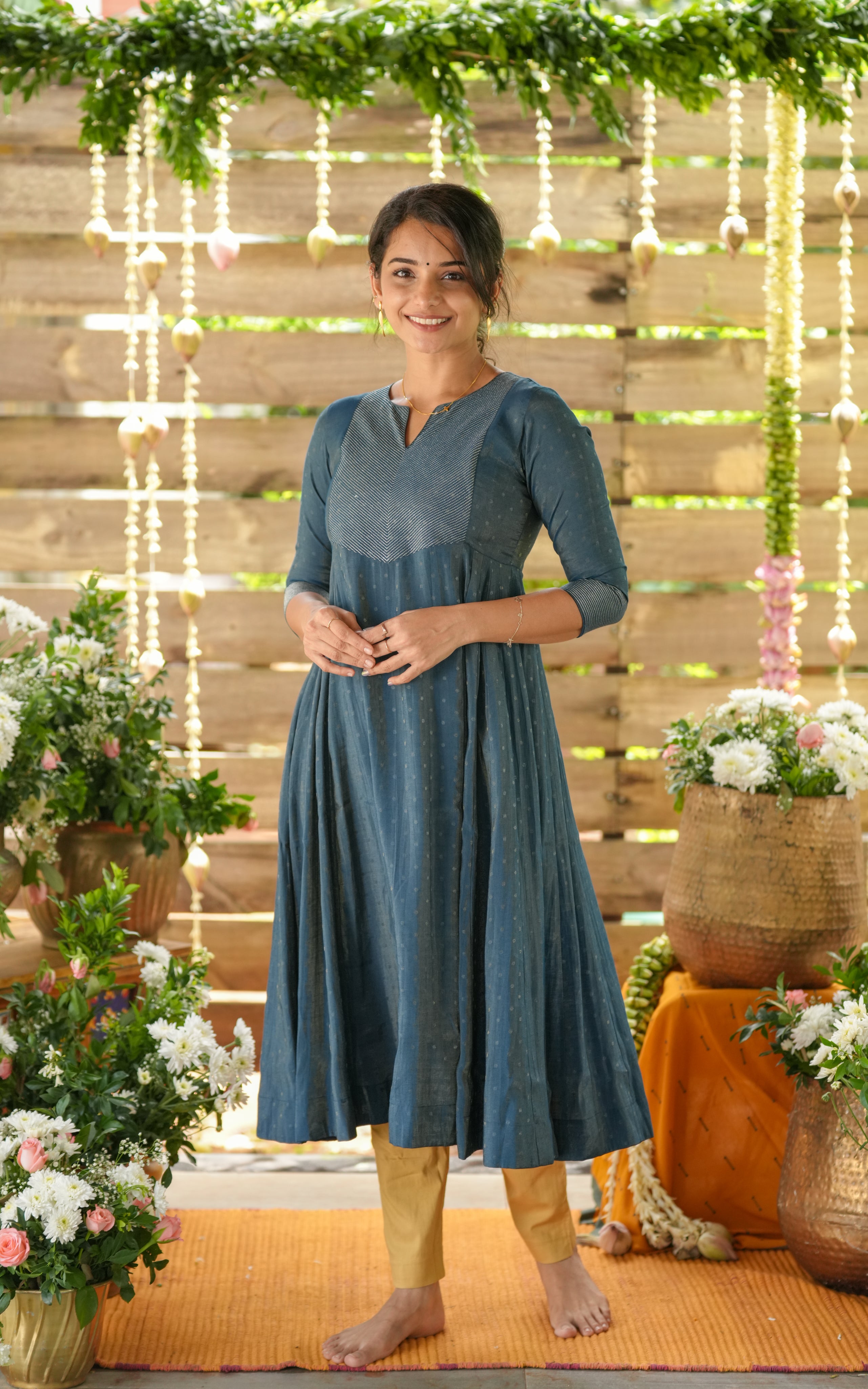 Instore - Peacock Blue Silk Cotton Full Flared Anarkali Kurti, Designer Festive Ethnic Wear