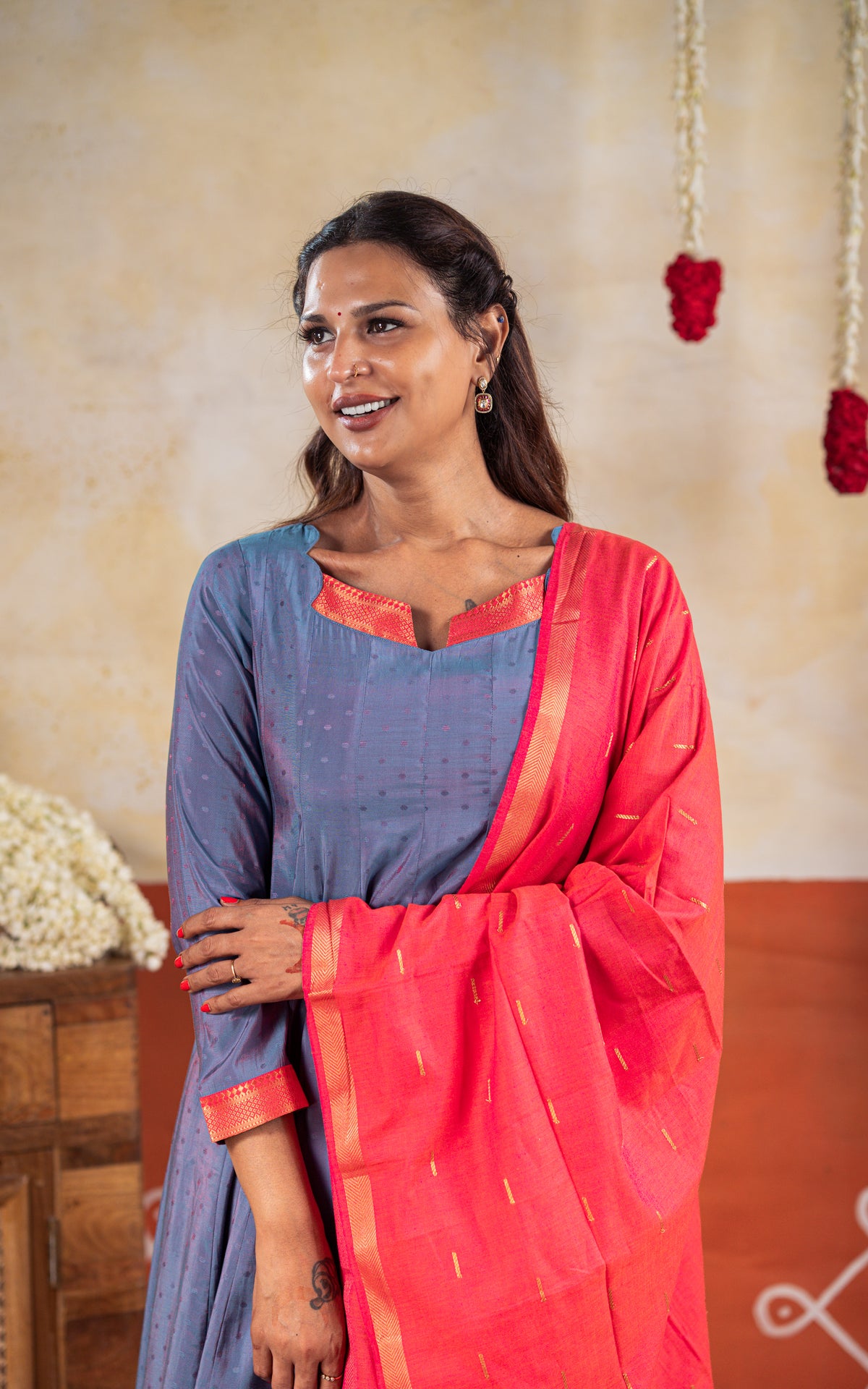 Navarathri Bluish Grey (Kurti+Dupatta)