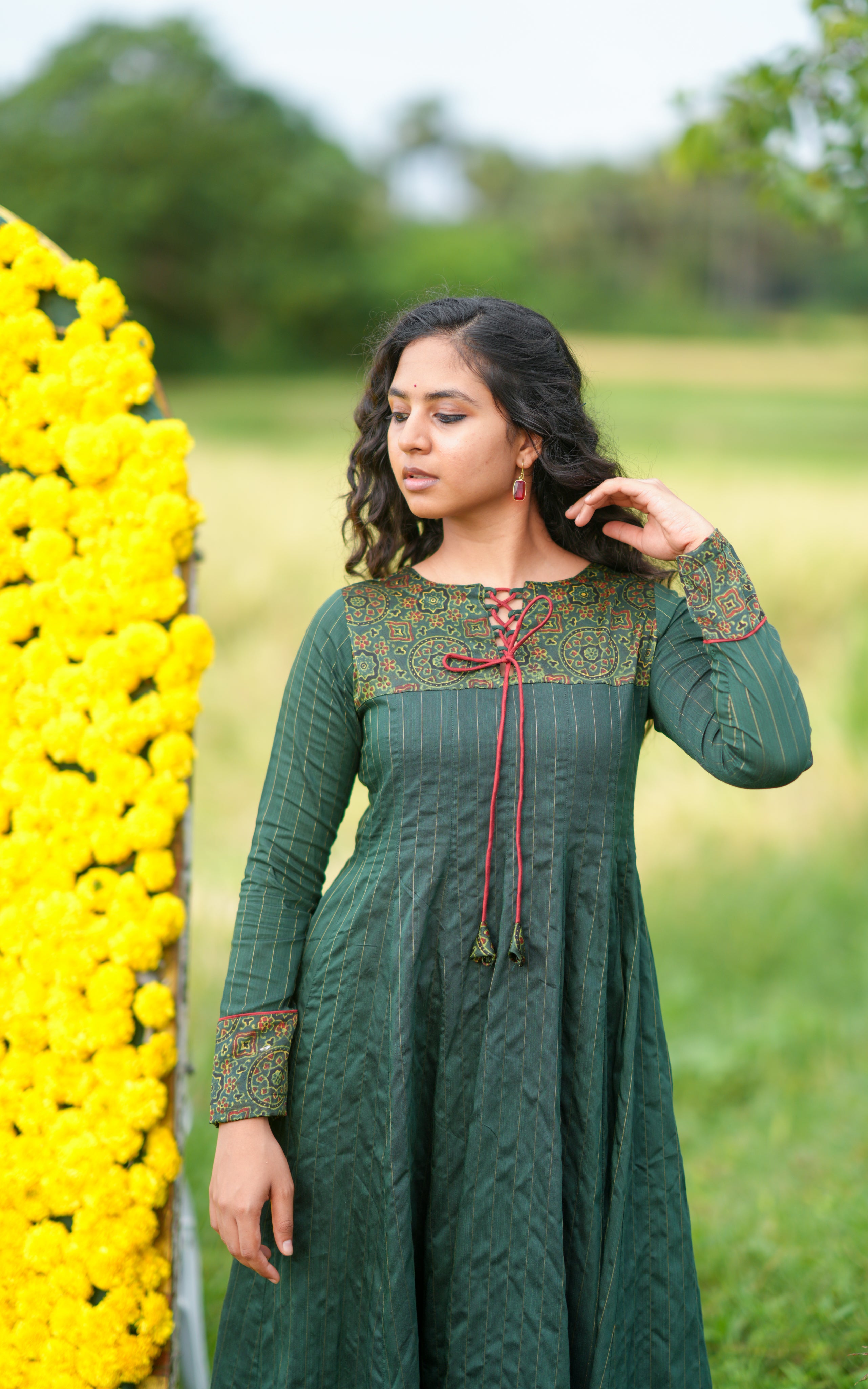 Instore – Dark Green Pavizha Kurti for Women – Silk Cotton – Festive Ethnic Wear