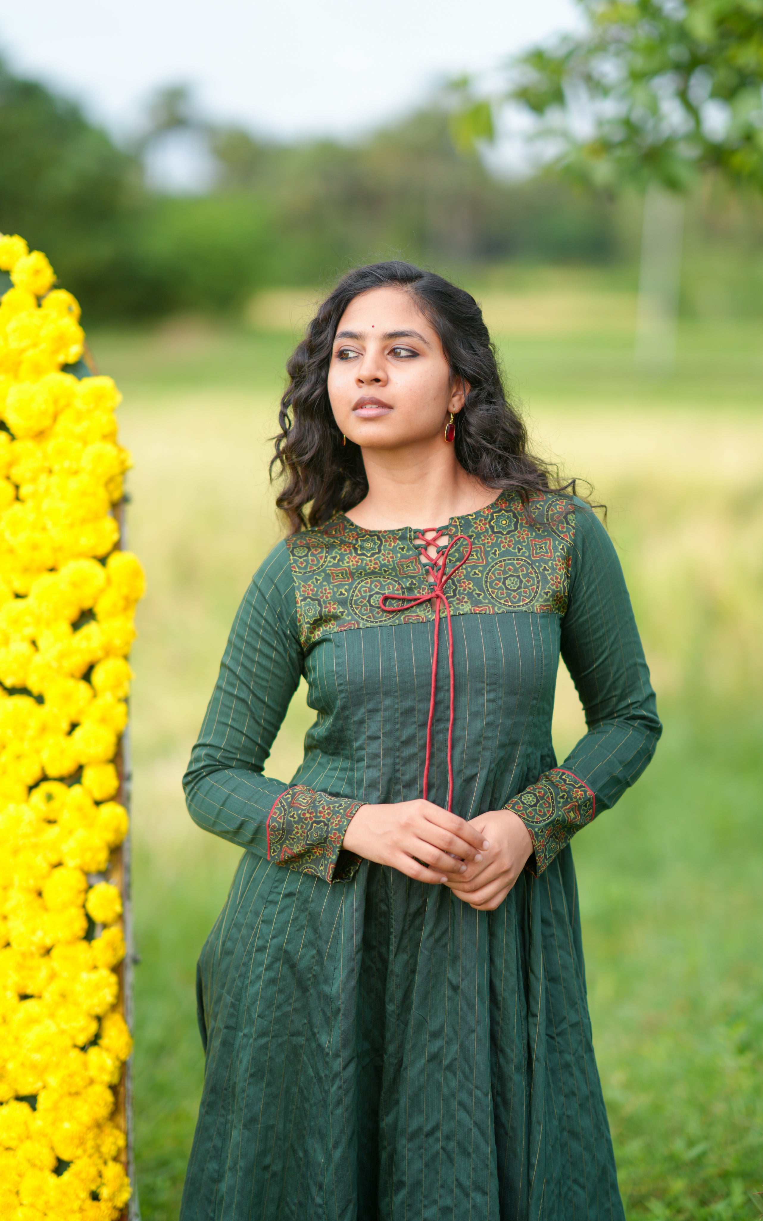 Instore – Dark Green Pavizha Kurti for Women – Silk Cotton – Festive Ethnic Wear