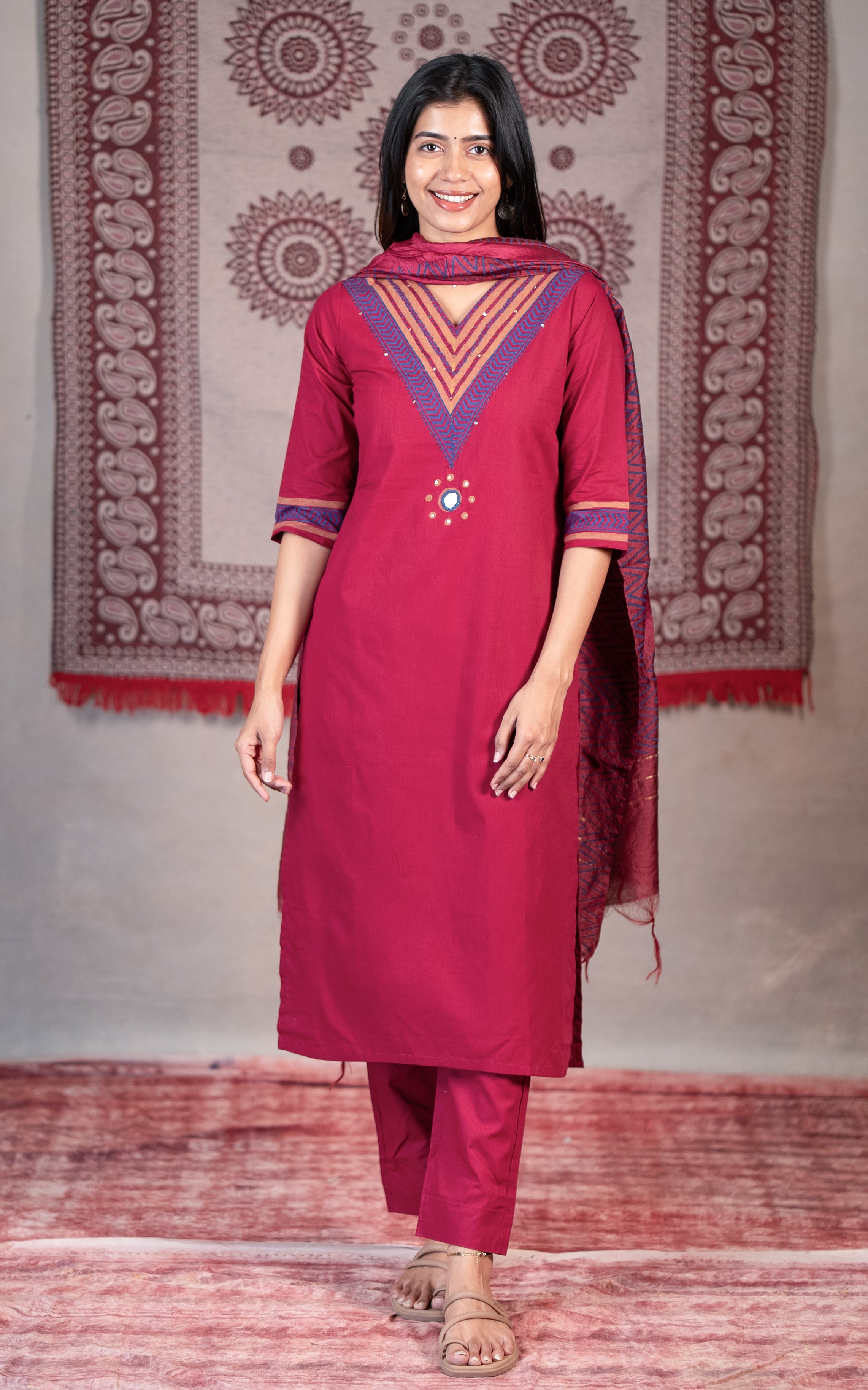 Maroon cotton kurti set for women