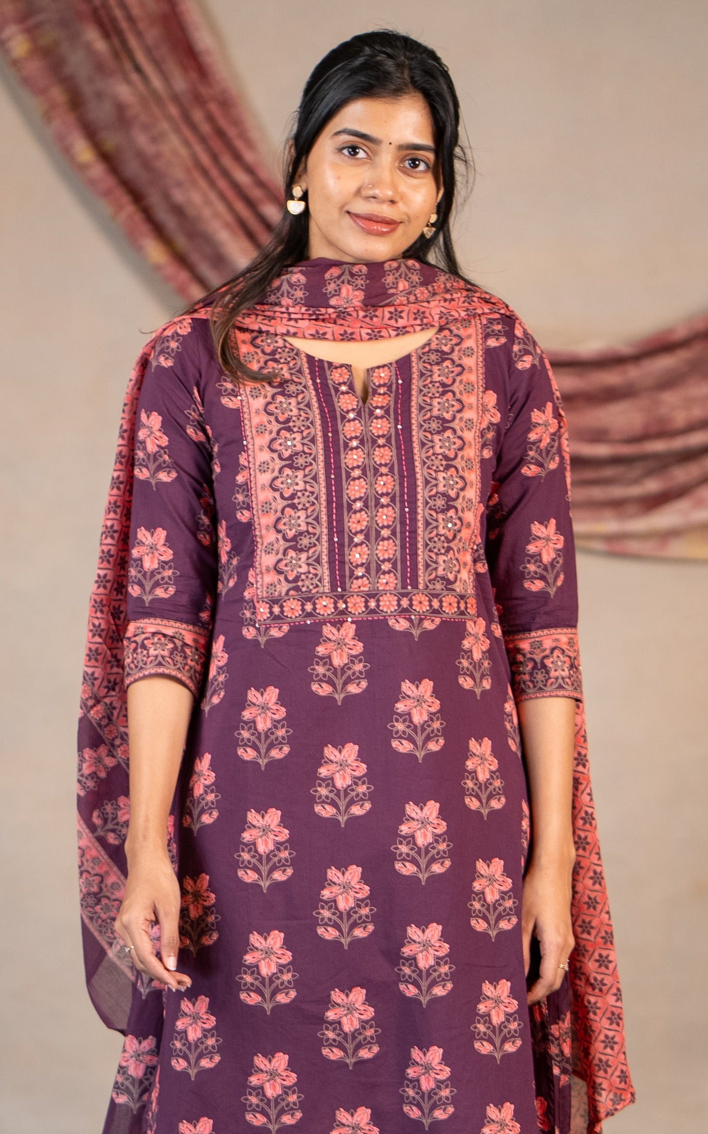 Printed cotton straight cut kurti set with dupatta for women