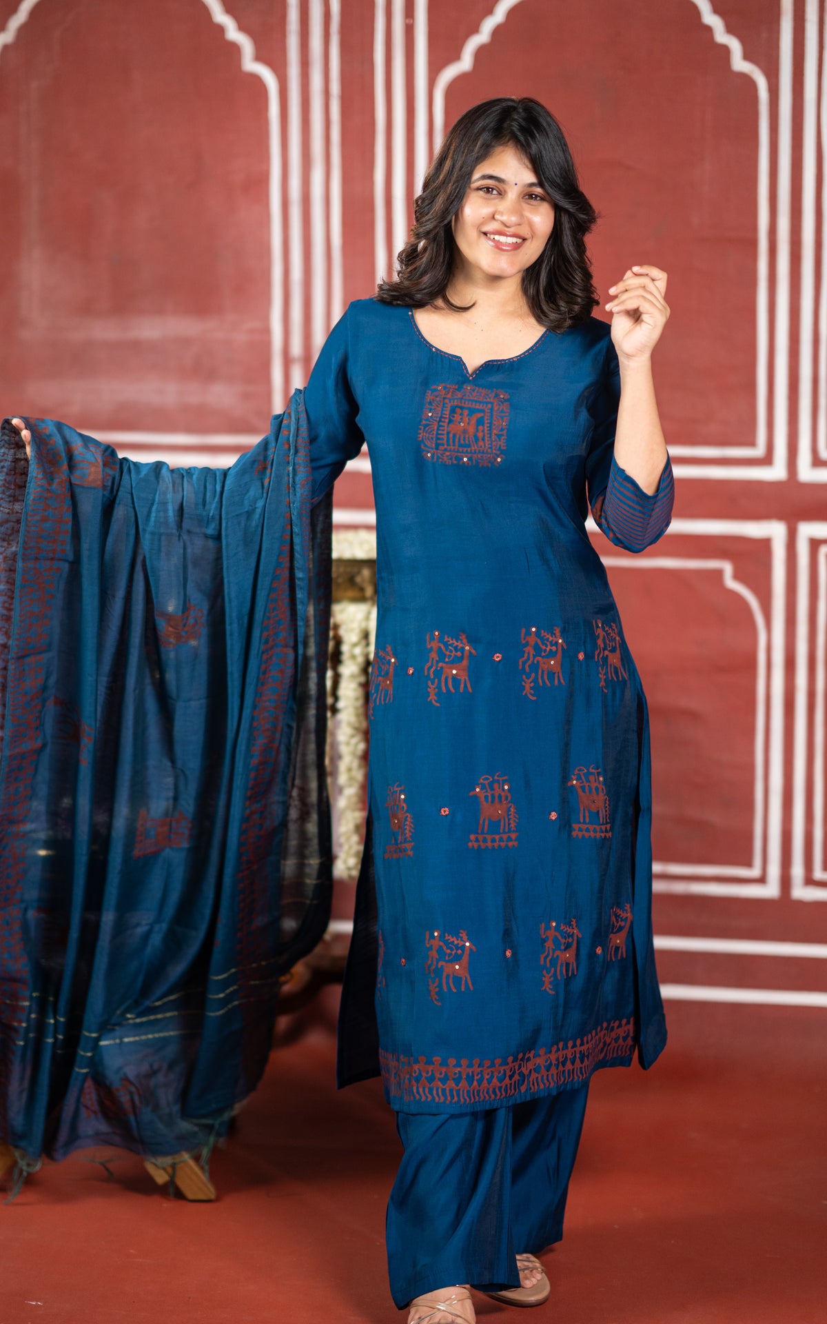Diwali casuals B Handblock (Kurti+Pant+Dupatta)
