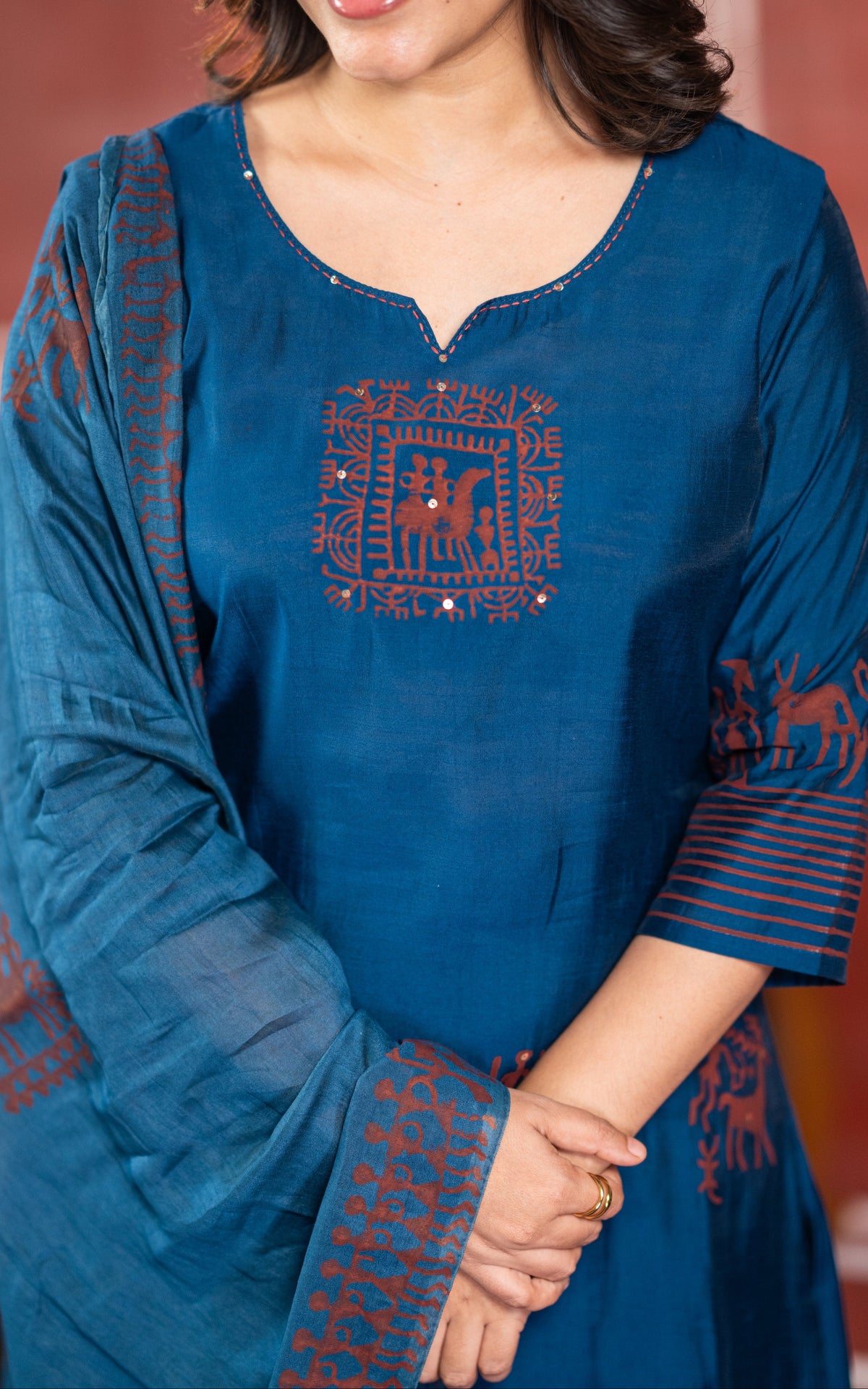 Diwali casuals Handblock B (Kurti+Pant+Dupatta)