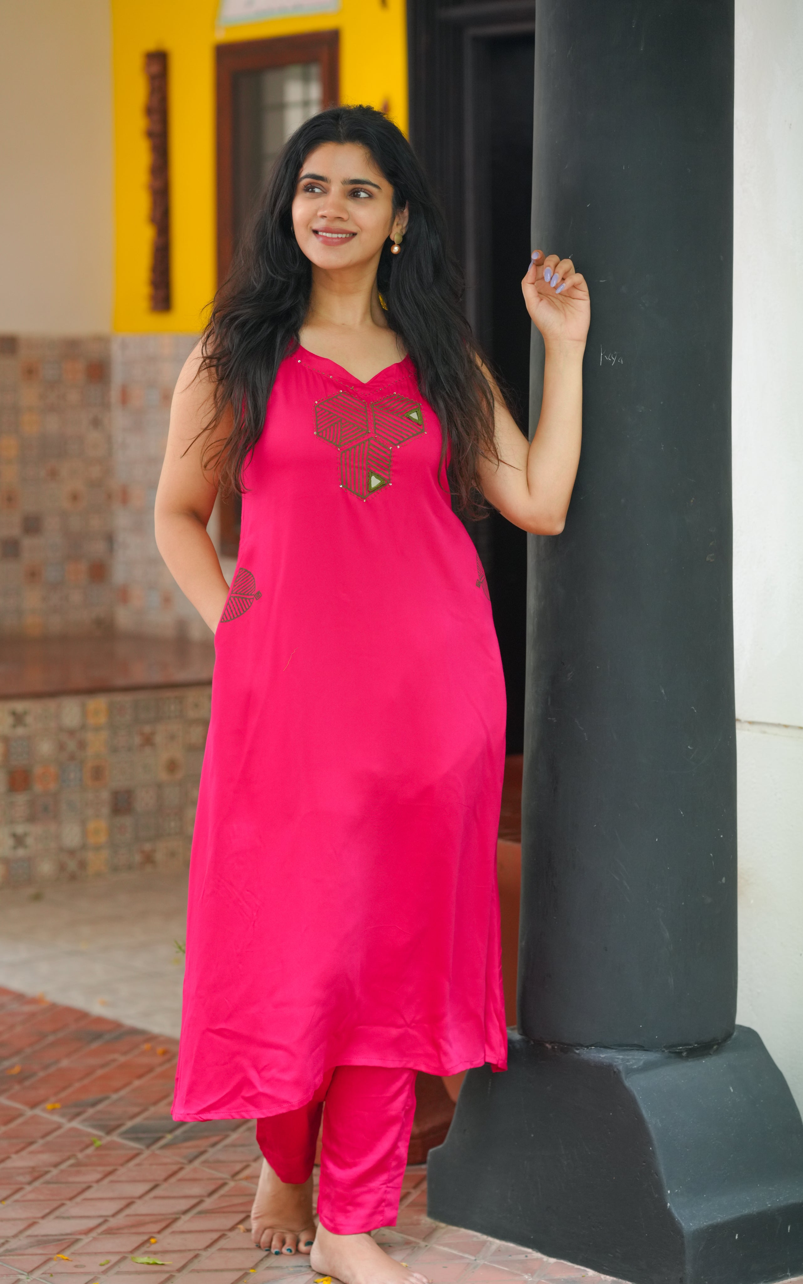 Instore – Harika Cotton Handblock Straight Cut Kurti with Side Slit and Pant with Elastic Waistband – Women's Ethnic Set
