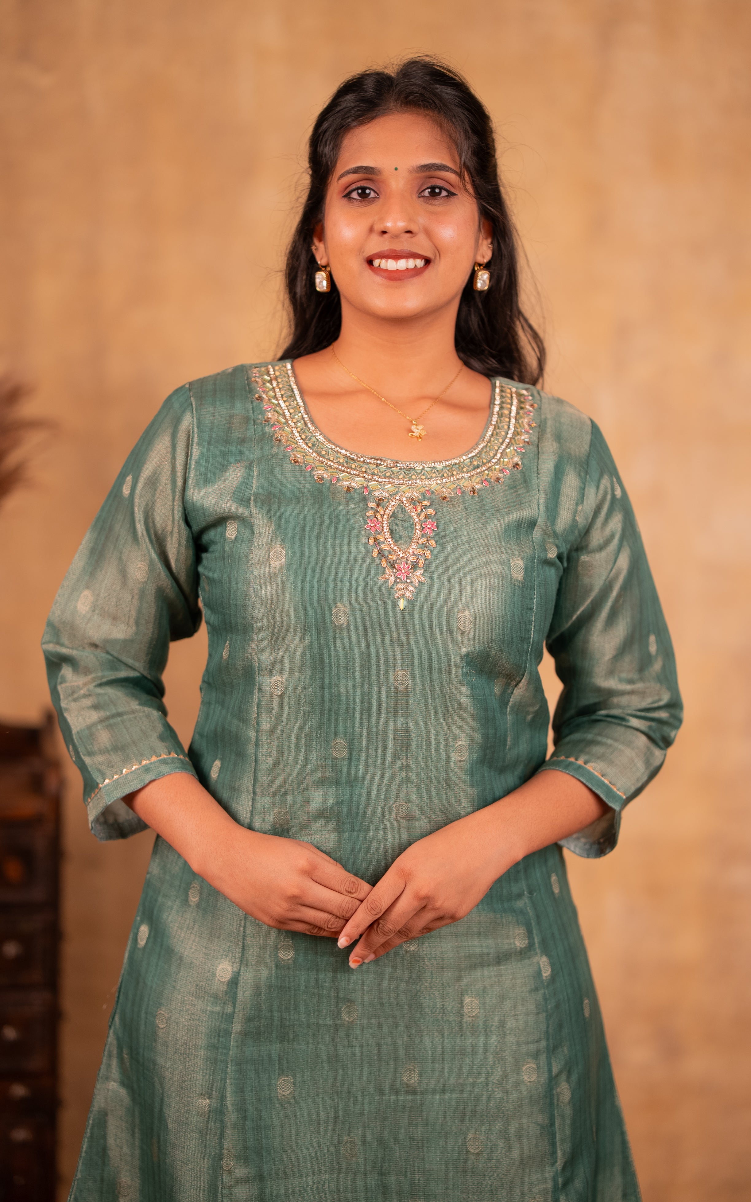 Teal green chanderi Aline kurti for women