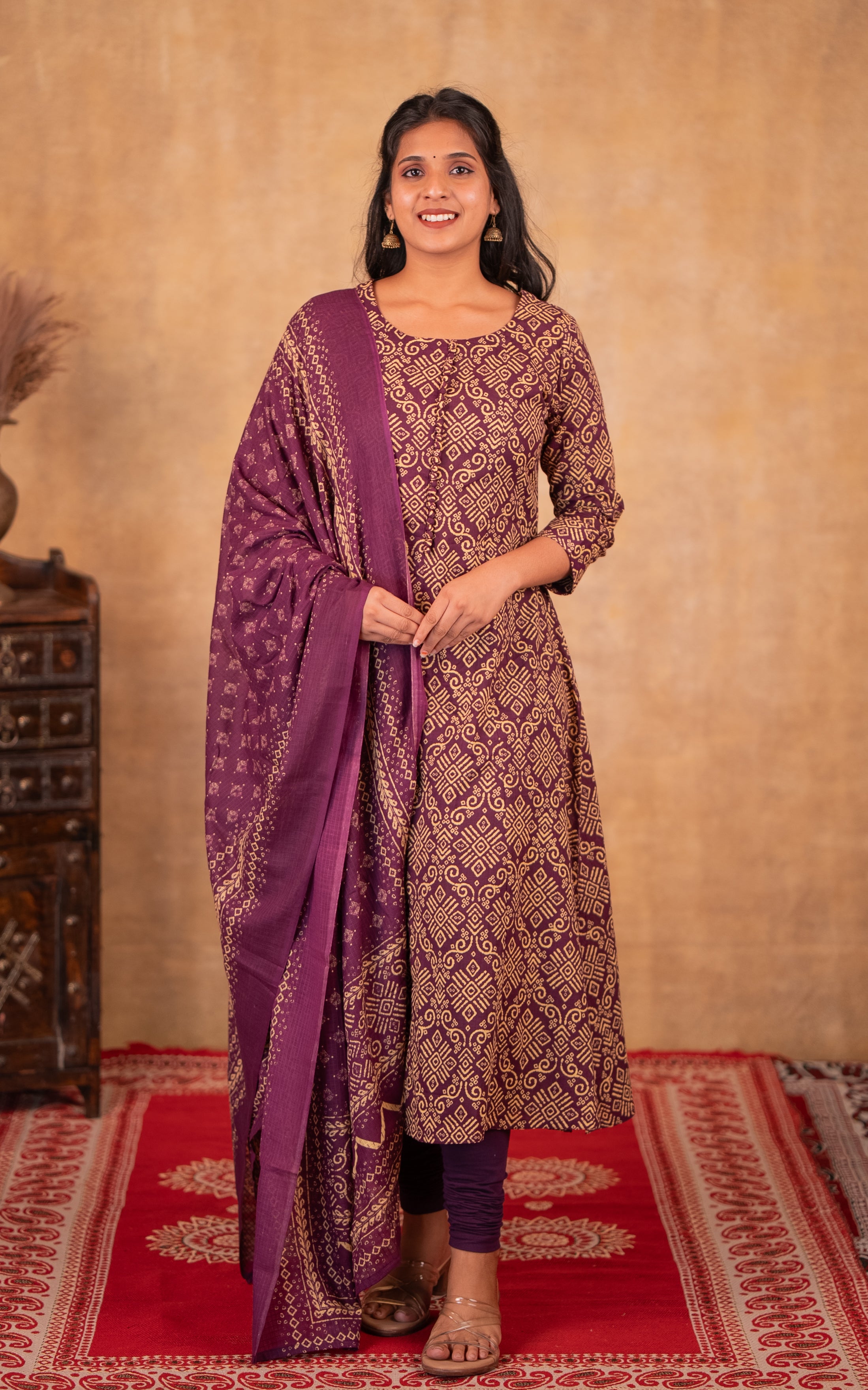 Deep plum cotton Aline kurti with dupatta for women