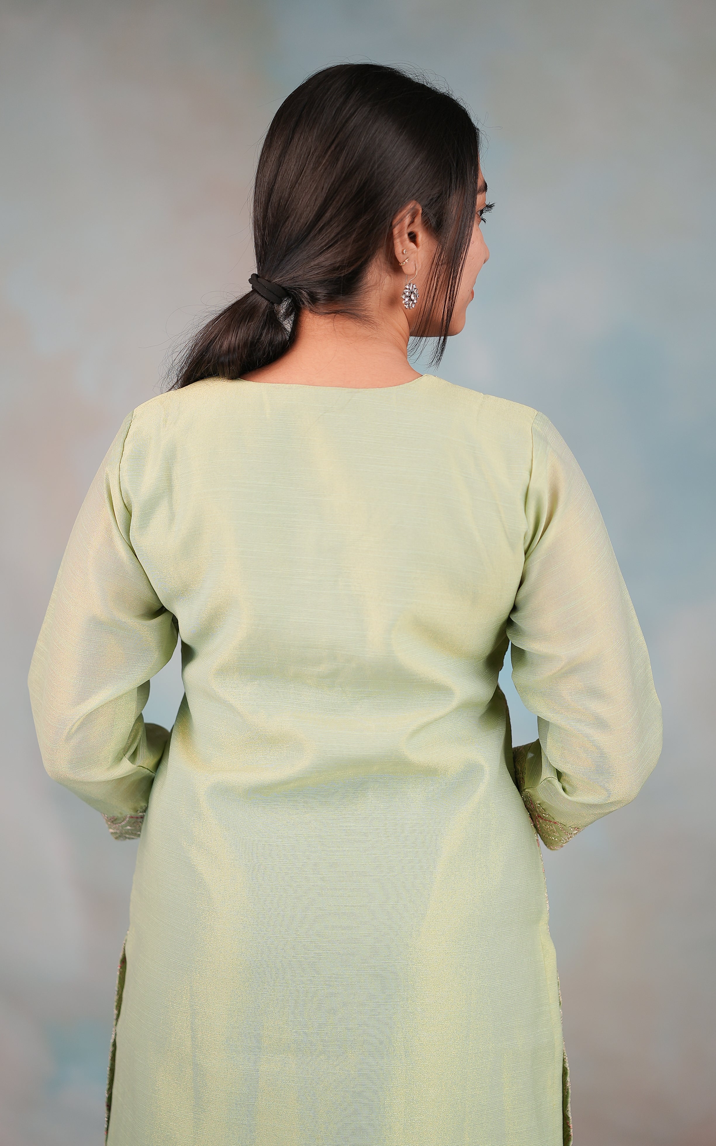 Traditional pista green art silk kurti for women