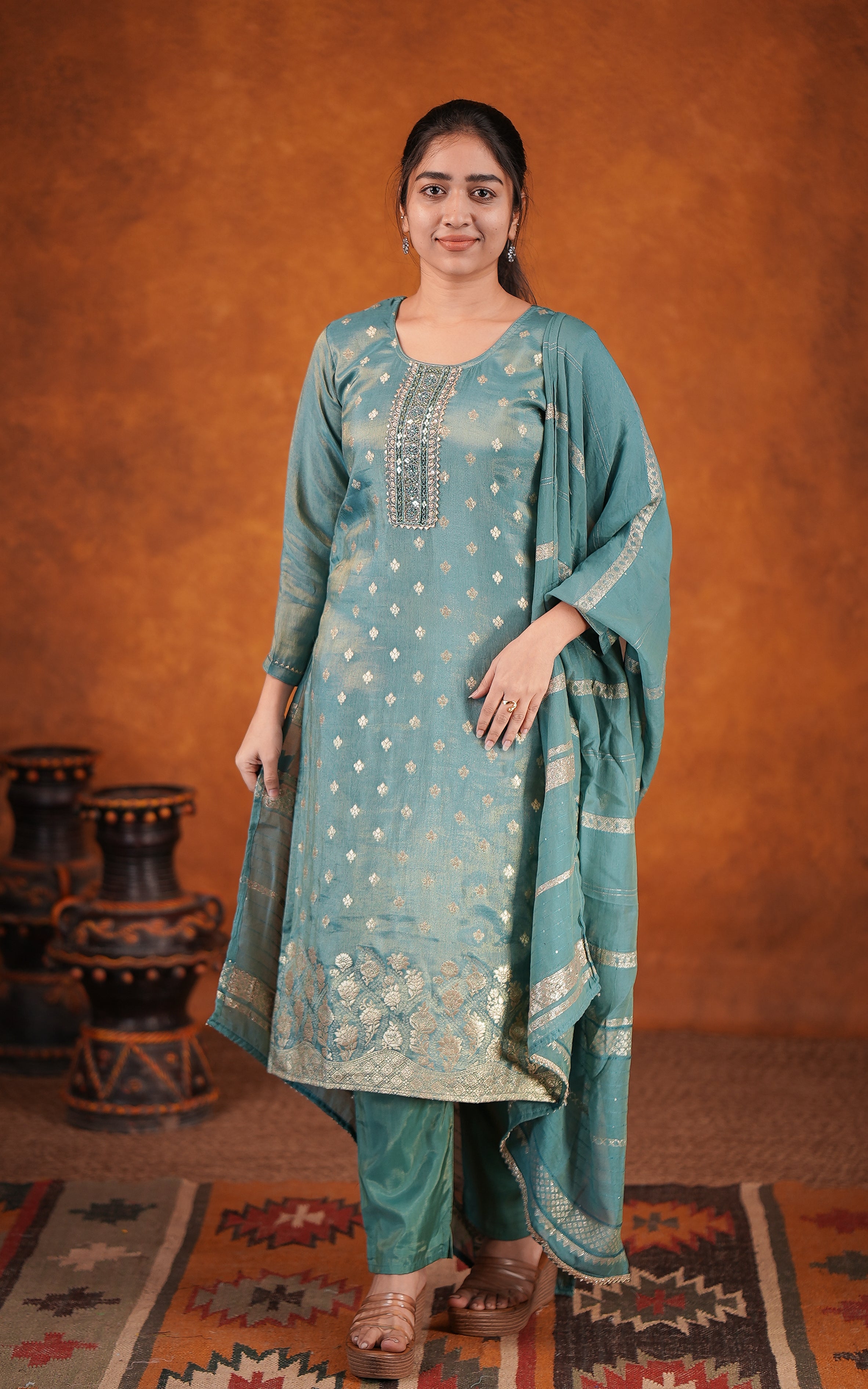 Teal green art silk straight cut kurti set for women