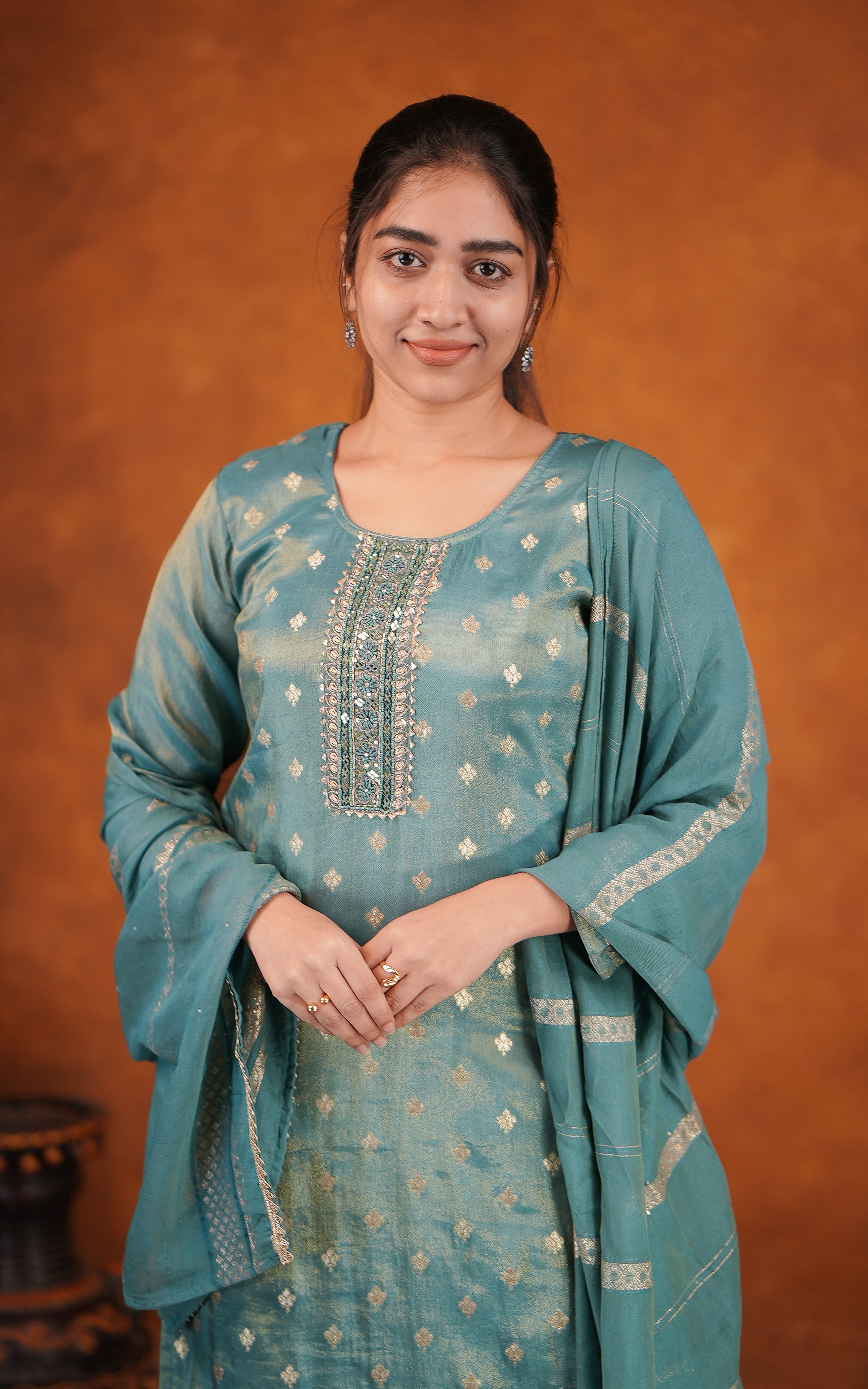 Art silk gold woven motif kurti with dupatta for women