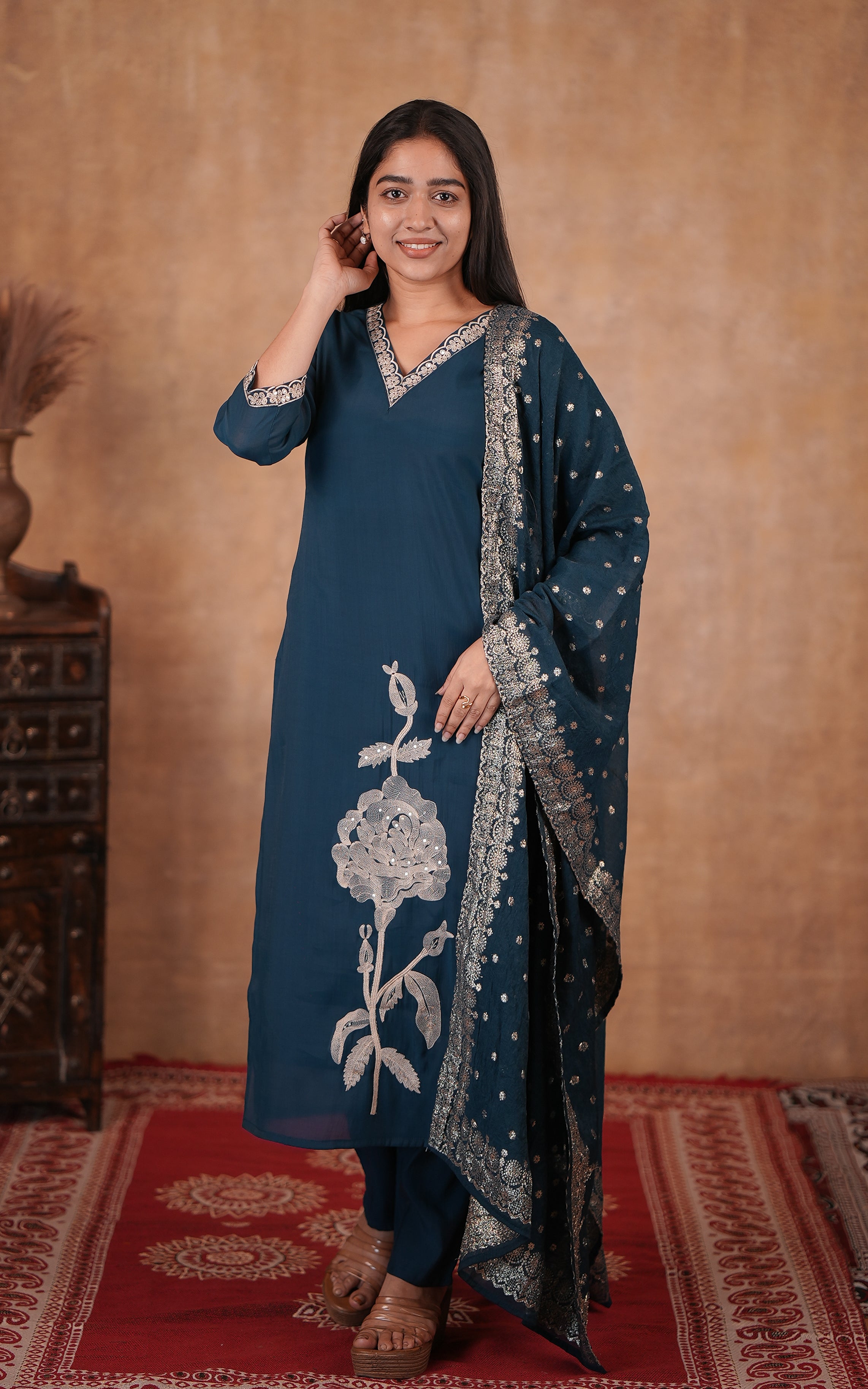 Elegant art silk embroidered kurti with dupatta for women