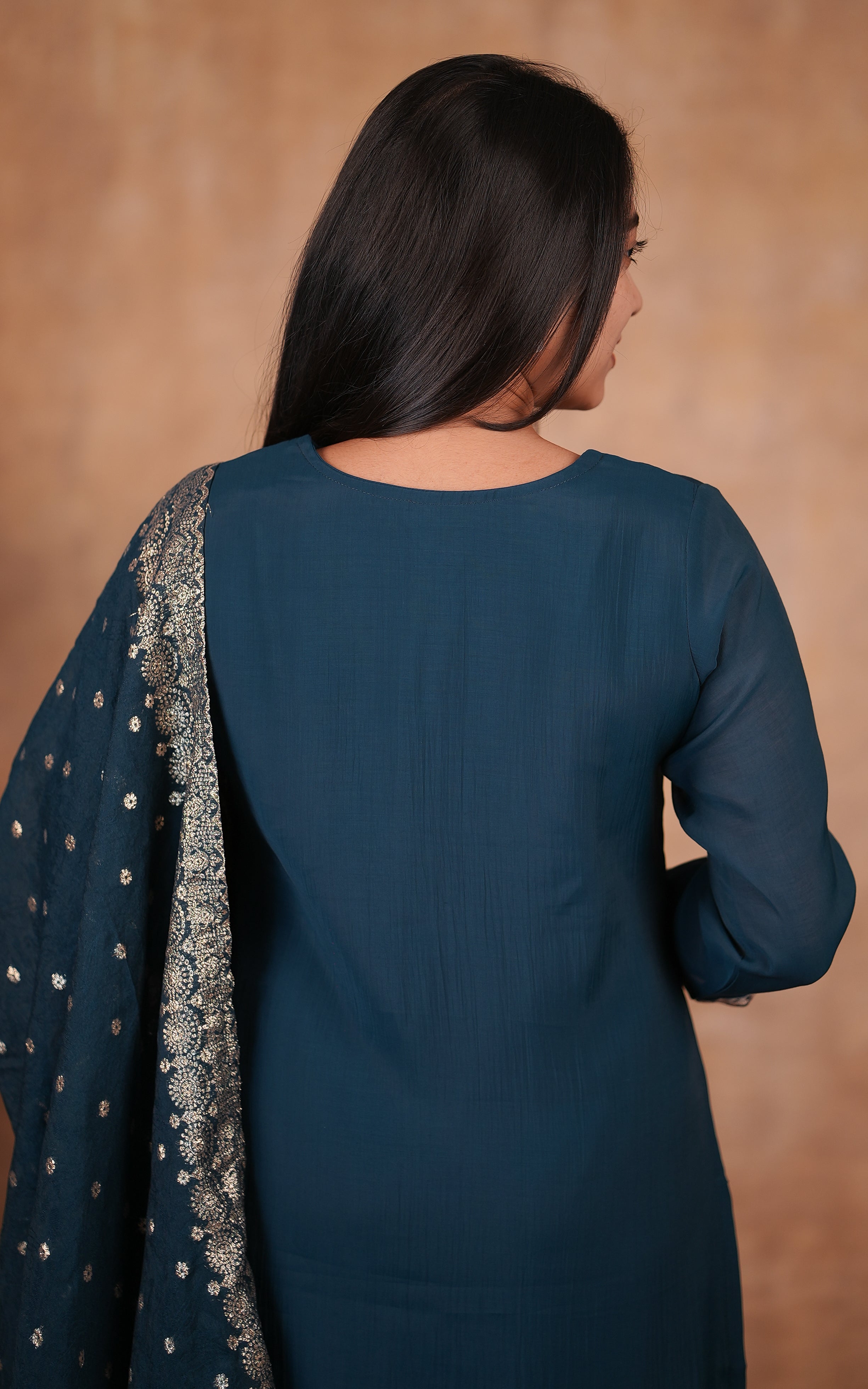 Party wear peacock blue art silk kurti set for women