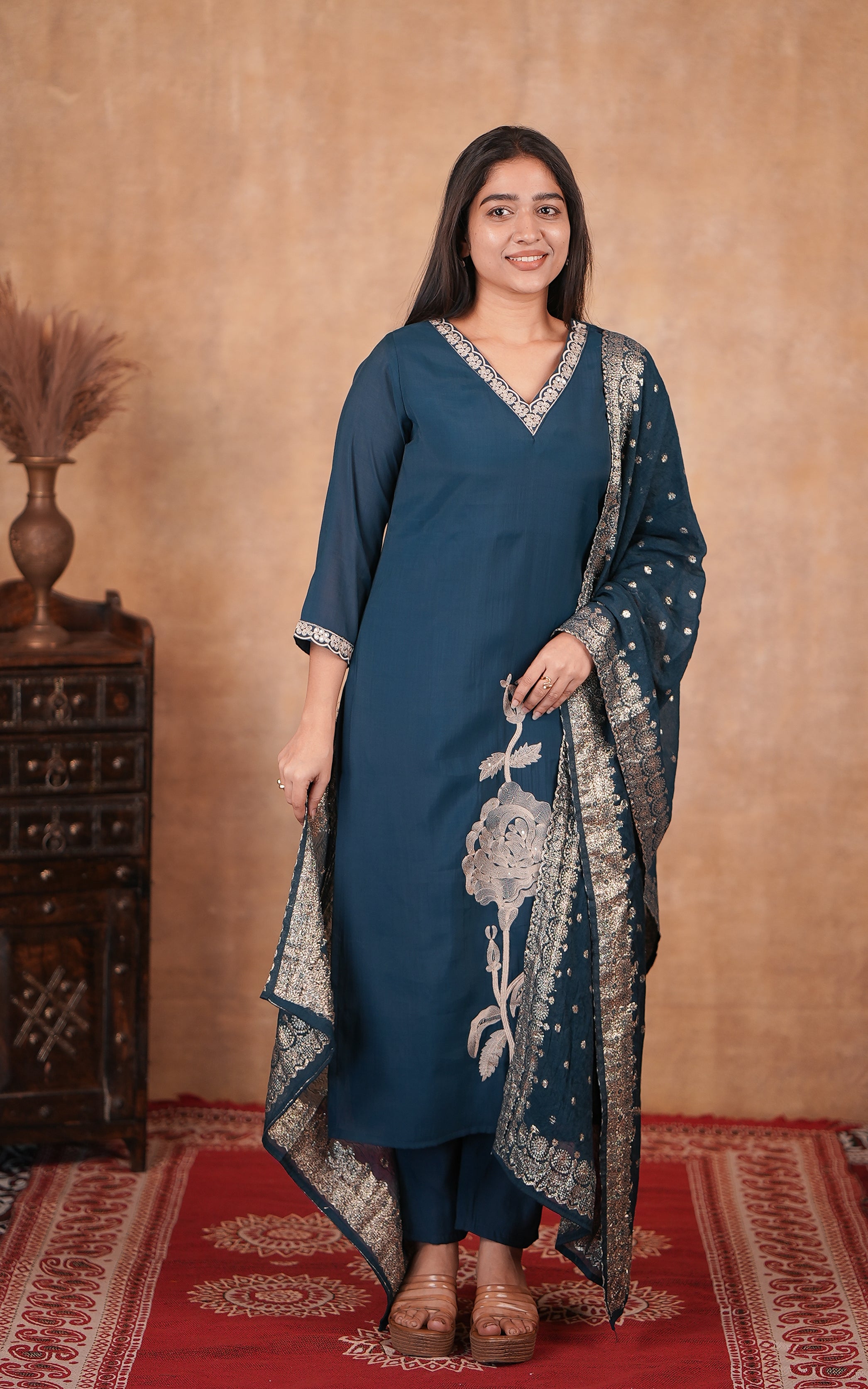 Peacock blue art silk straight cut kurti set for women