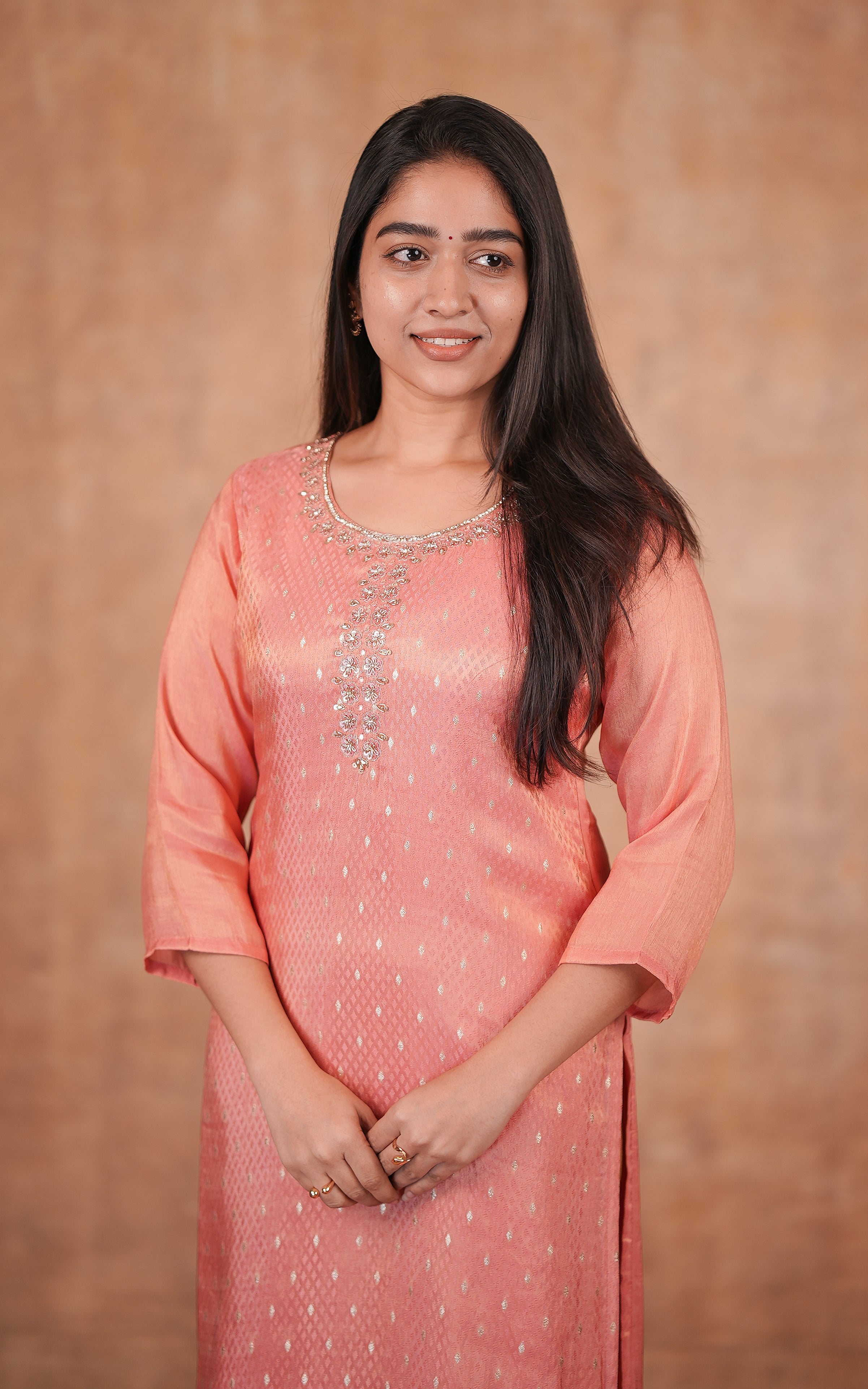 Peach art silk straight cut kurti for women