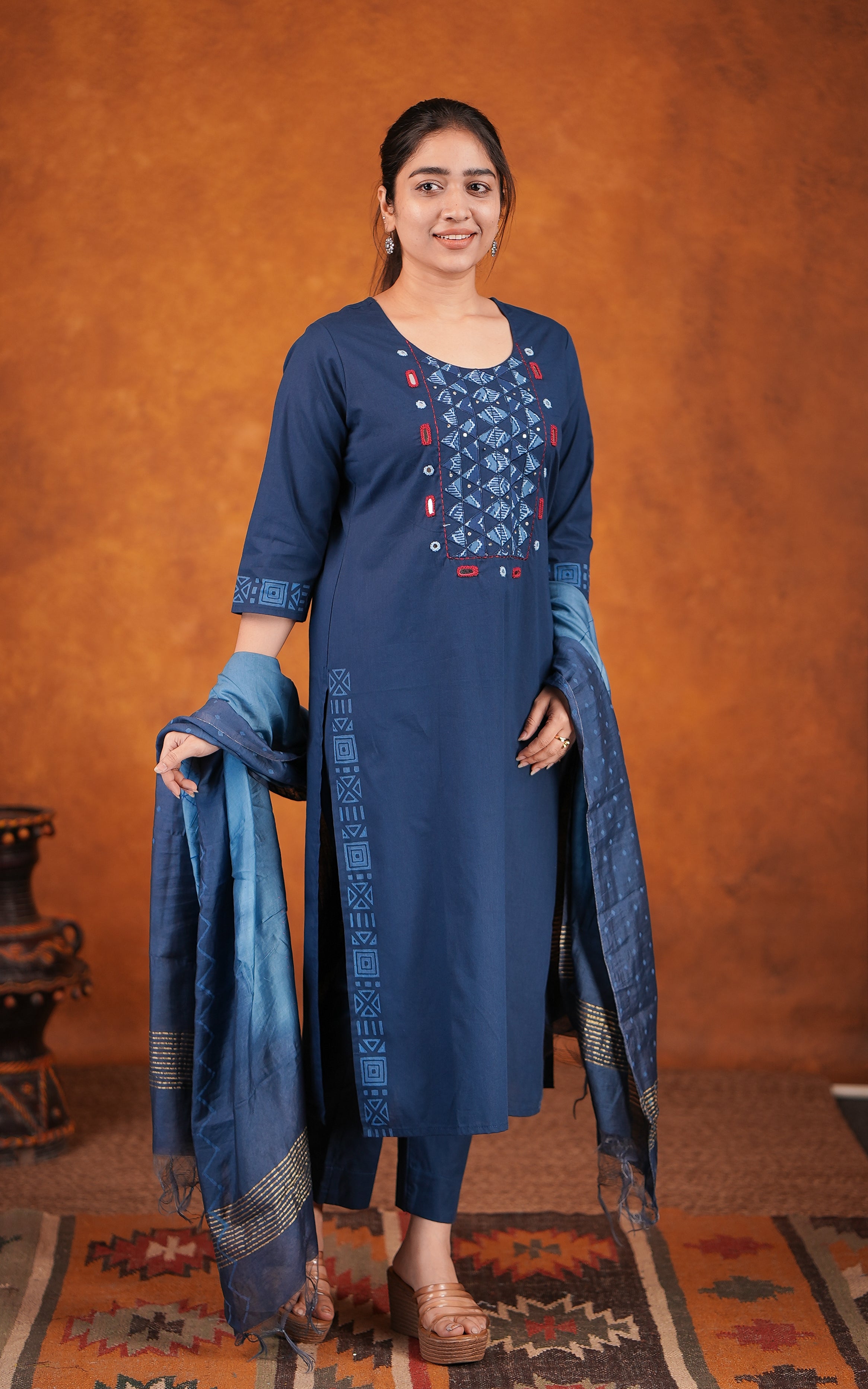 Blue cotton kurti with elastic waist pant for women