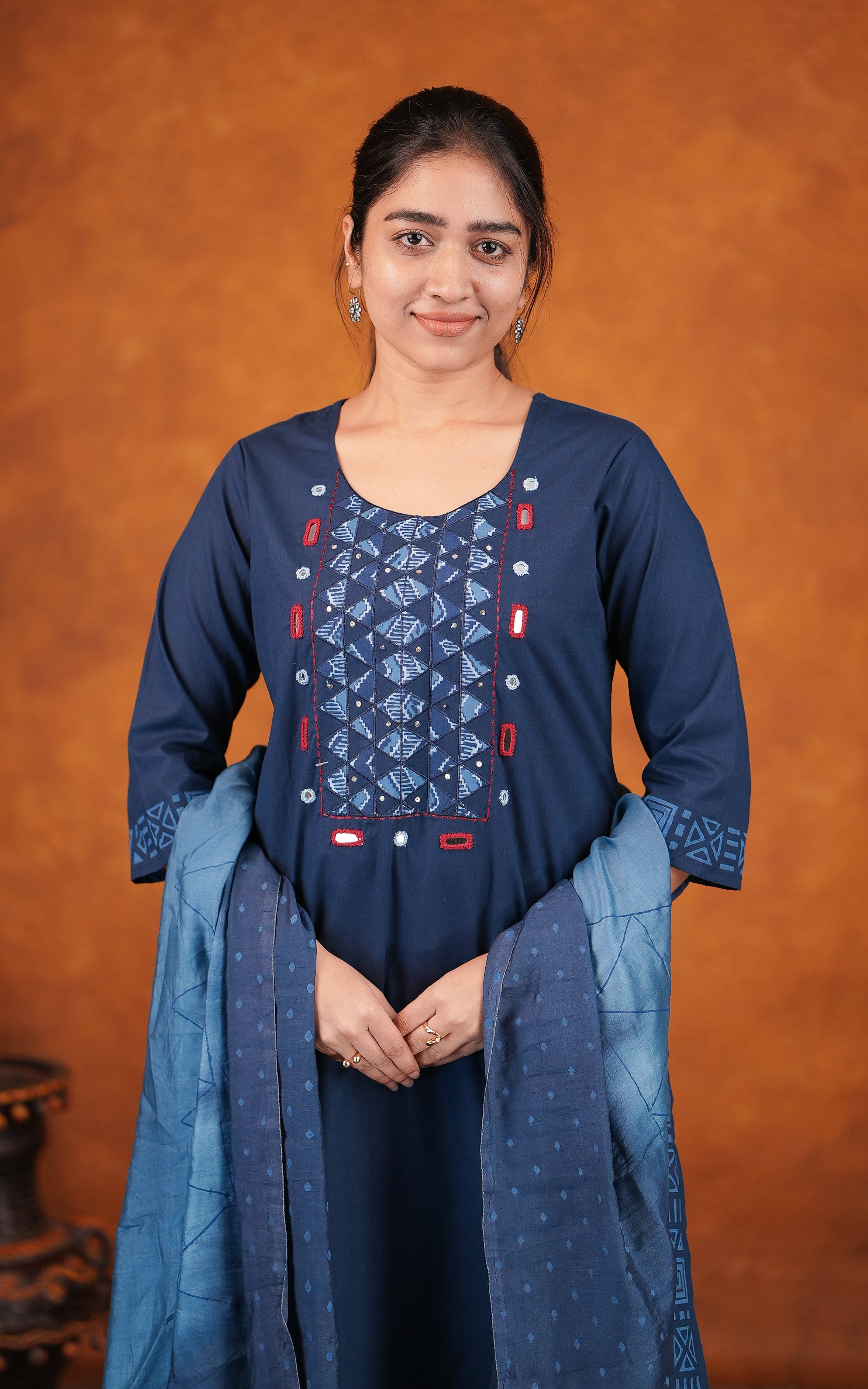 Blue cotton straight cut kurti set for women