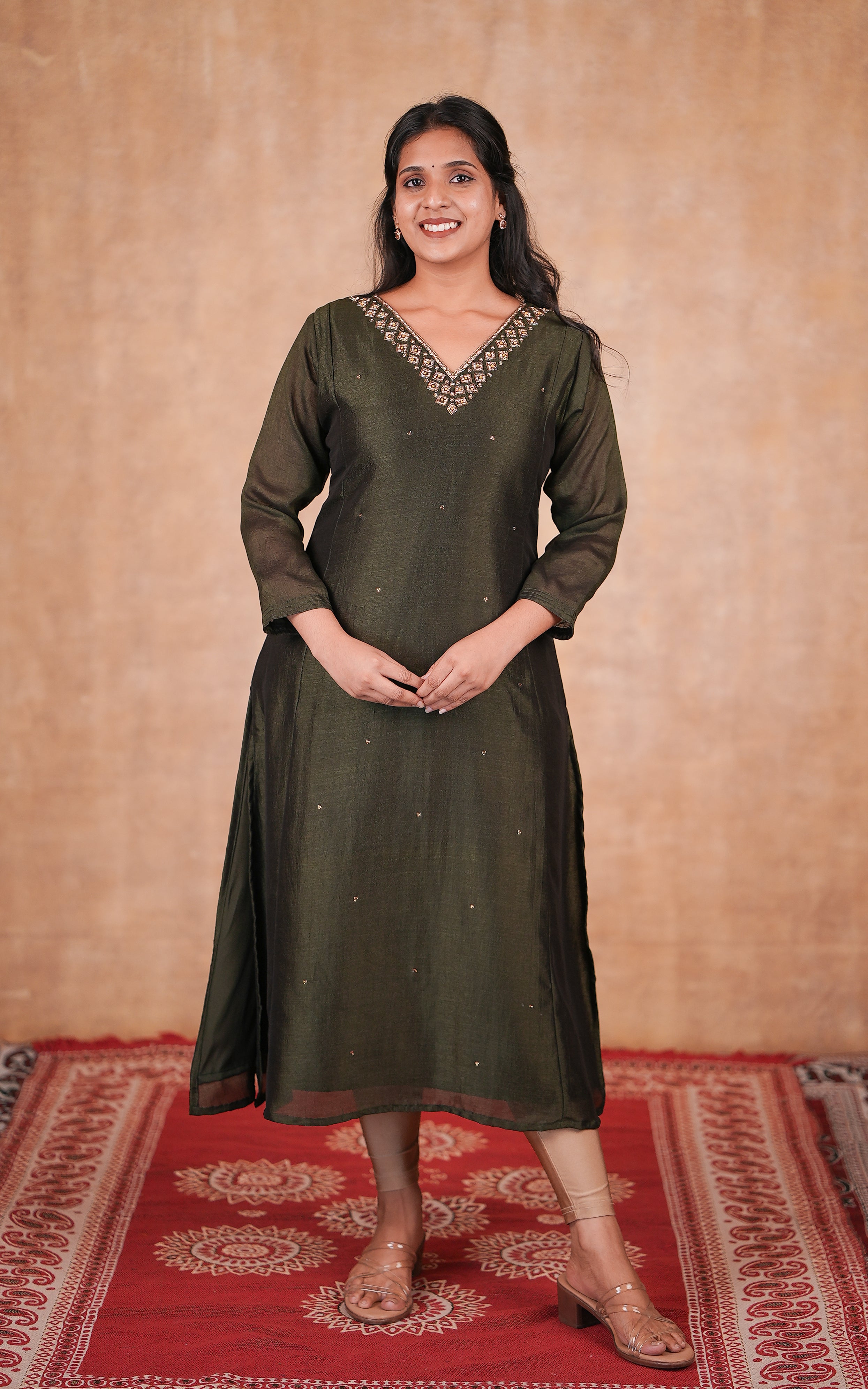 Deep olive green art silk Aline kurti for women