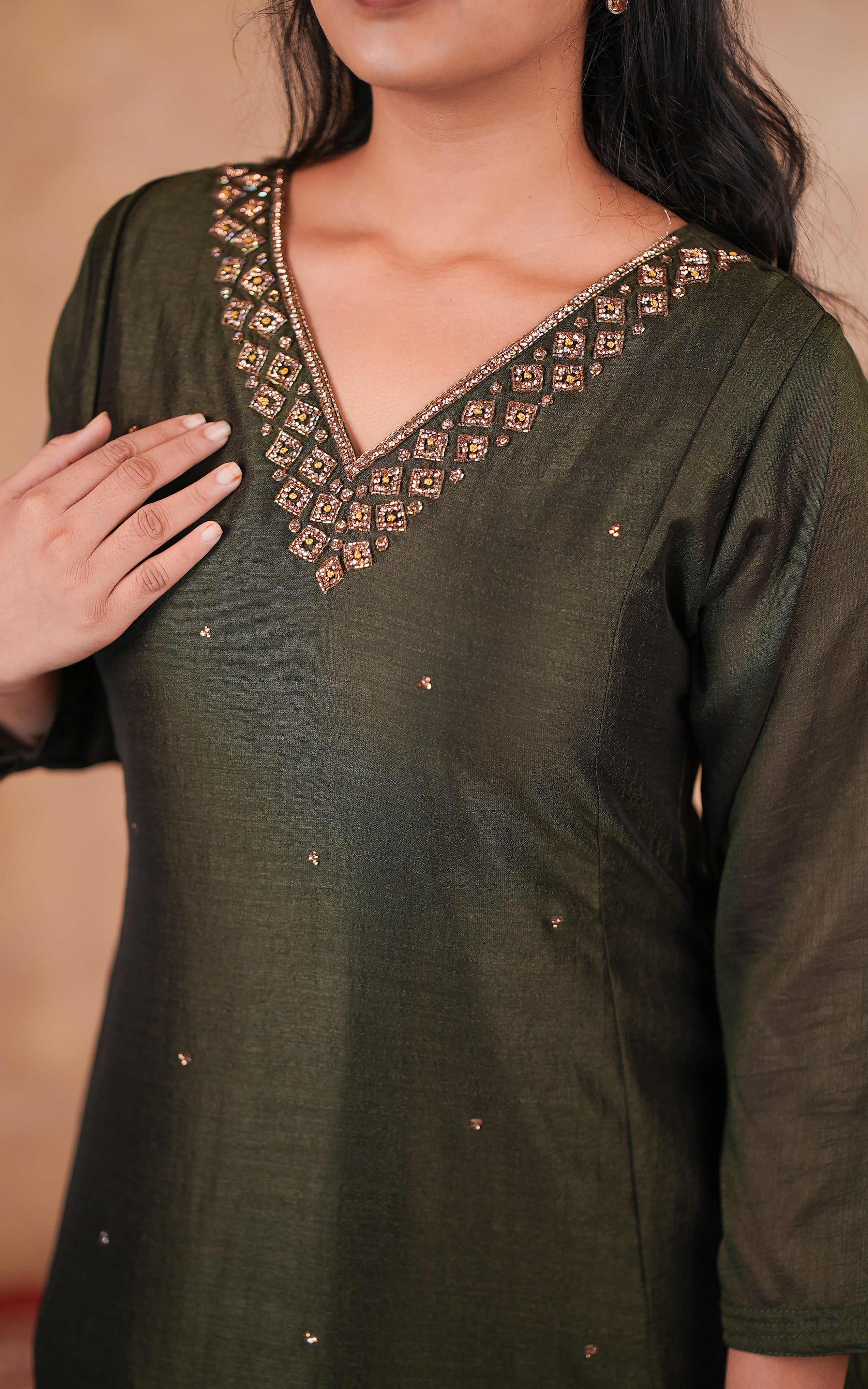 Deep olive green art silk long kurti for women