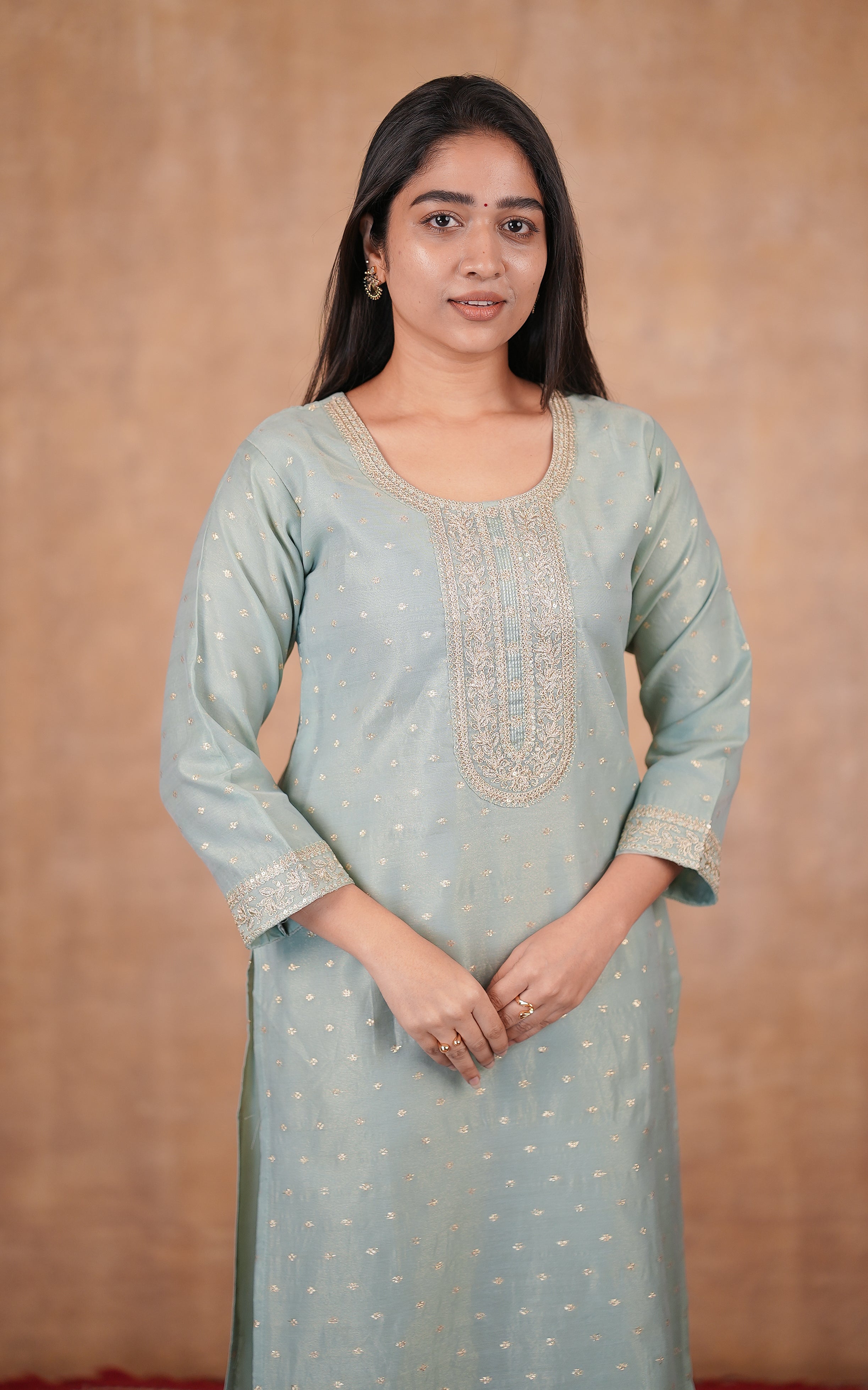 Sage green art silk straight cut kurti for women