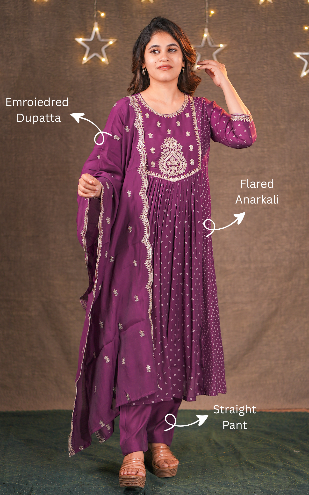 Instore - Purple Color Art Silk Embroidered Flared Anarkali Kurti with Pant & Embroidered Art Silk Dupatta, Cotton Lining