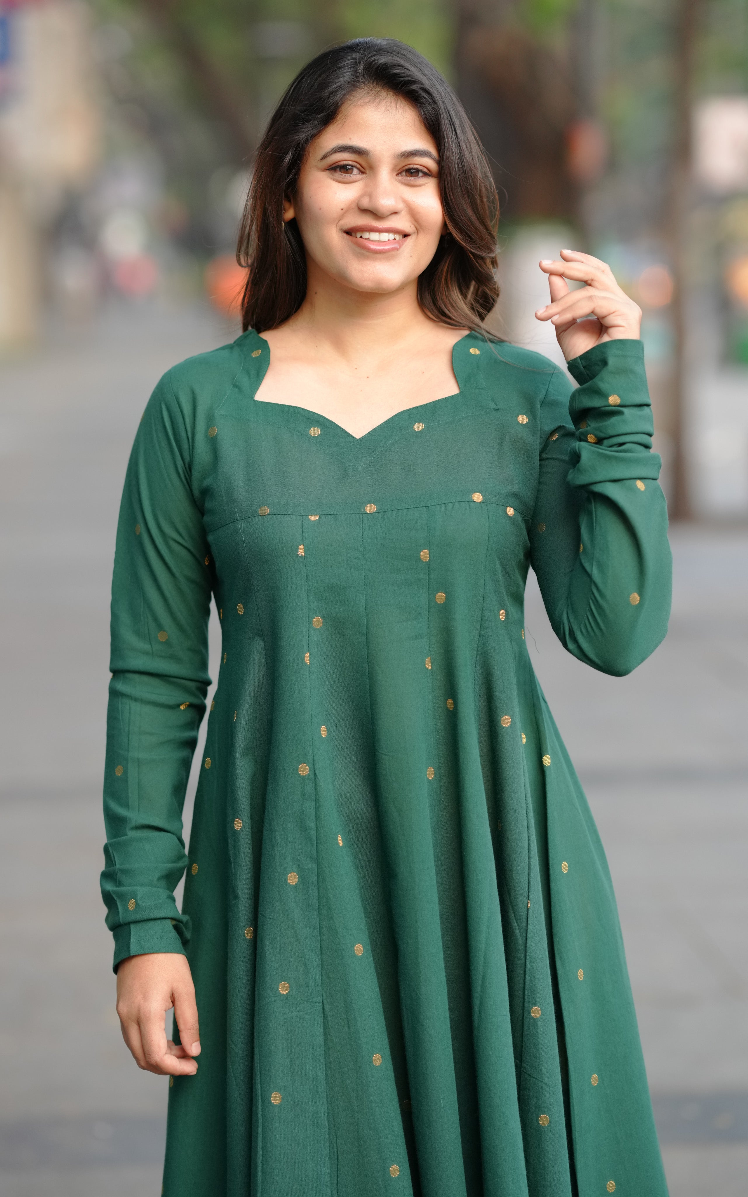 Green Cotton Anarkali with Gathered Sleeves