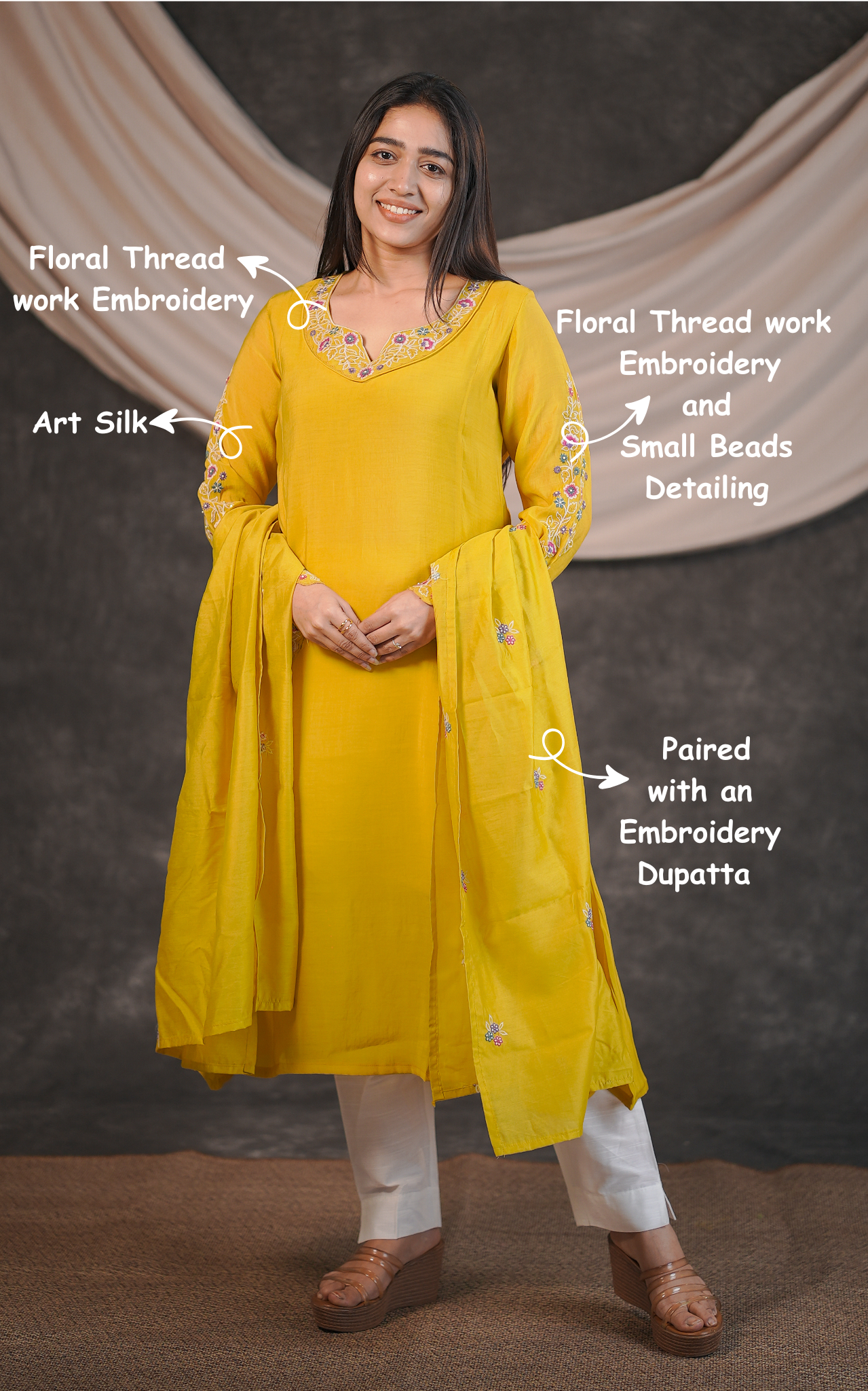Instore – Lime Yellow Elakkiyam Kurti with Dupatta for Women – Art Silk – Festive Ethnic Wear