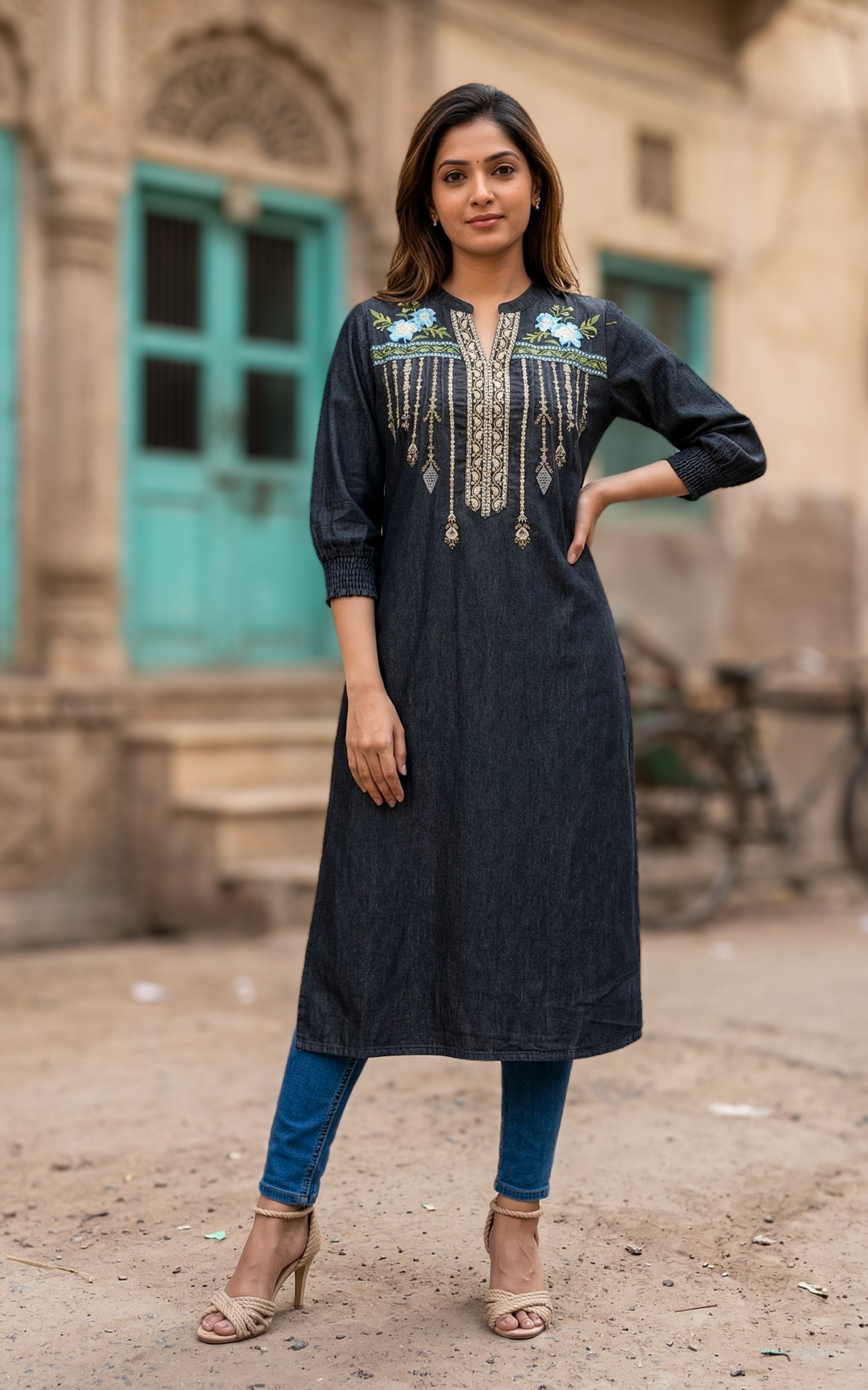 Straight Cut Kurti with 3/4 Sleeves