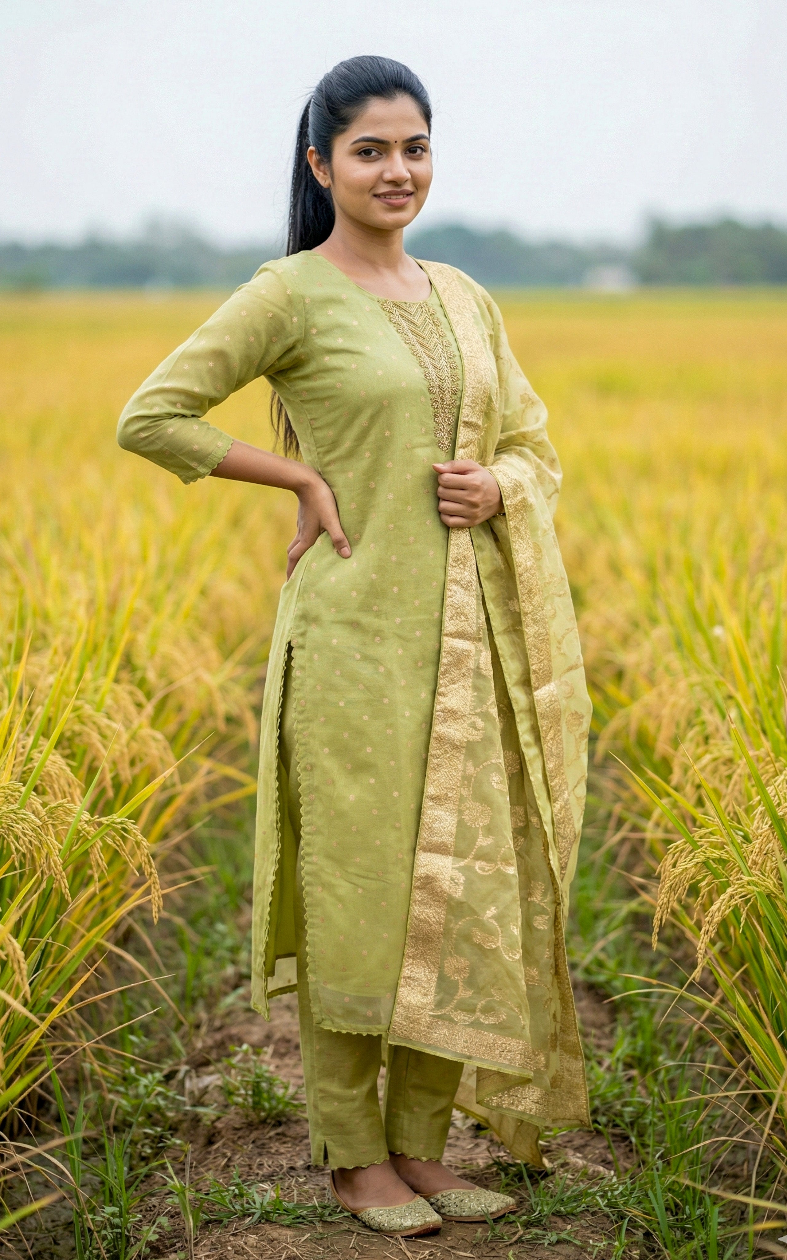 Instore - Pista Green Chanderi Straight Cut Kurti, Embroidery Neckline with Sequins Work & Pant One Side Pocket & Dupatta
