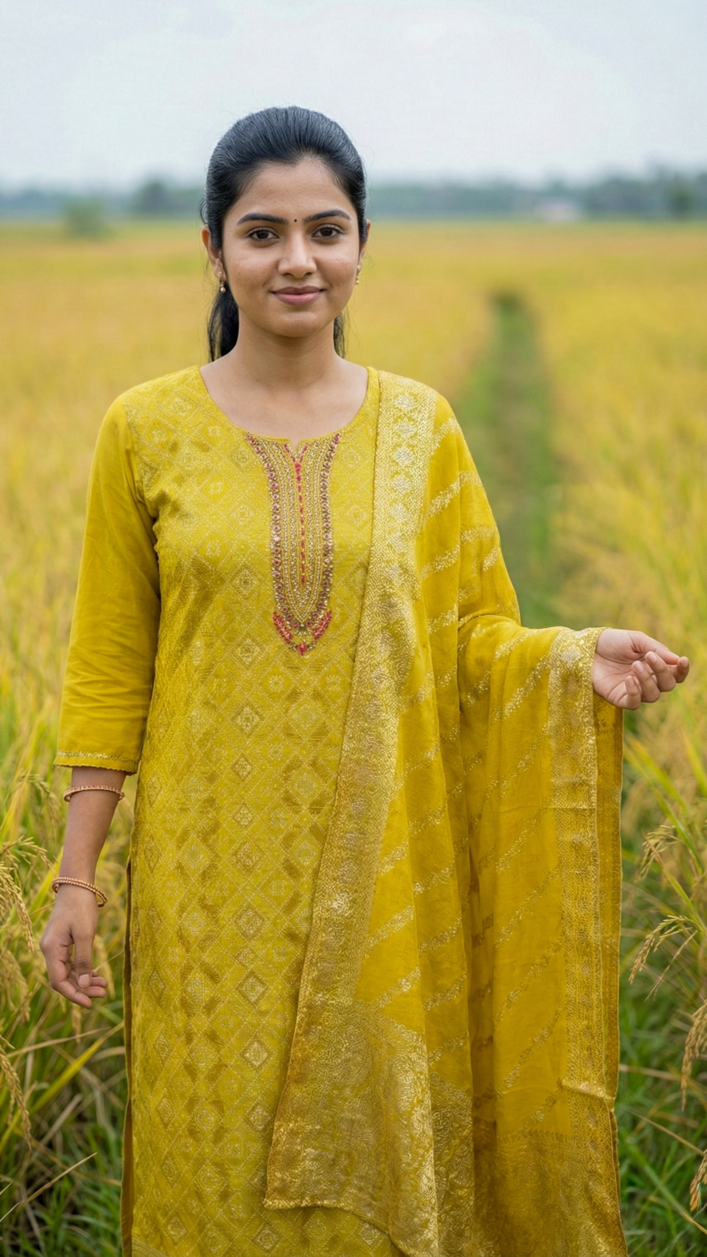 Instore - Lime Yellow Art Silk Straight Cut Kurti with Side Slit & Embroidery Neckline with Pant & Gold Woven Dupatta