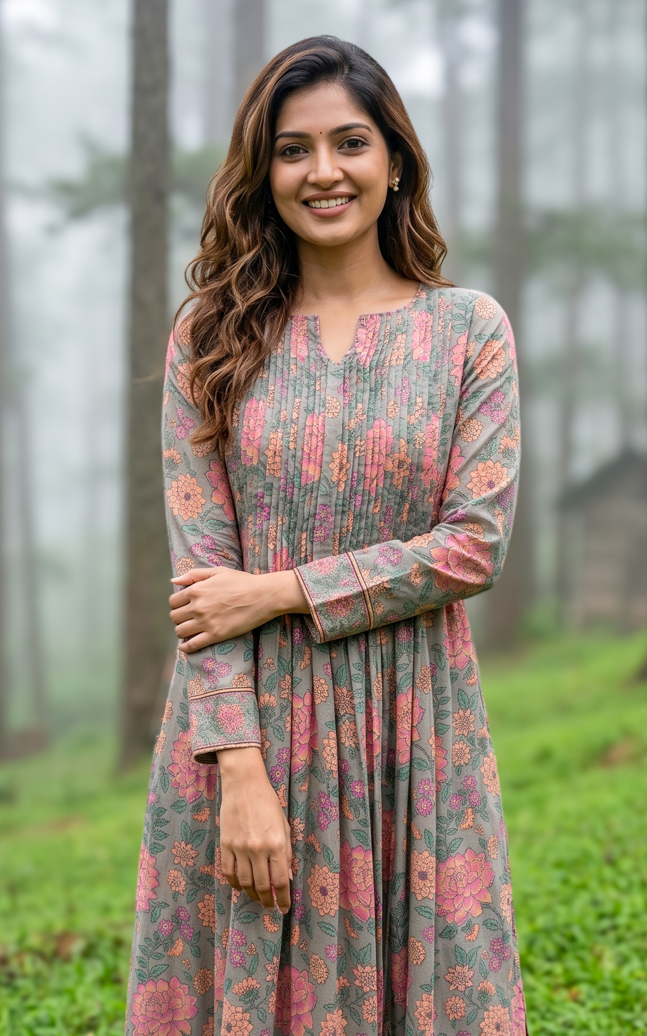 Cotton Anarkali kurti with pintuck design for women
