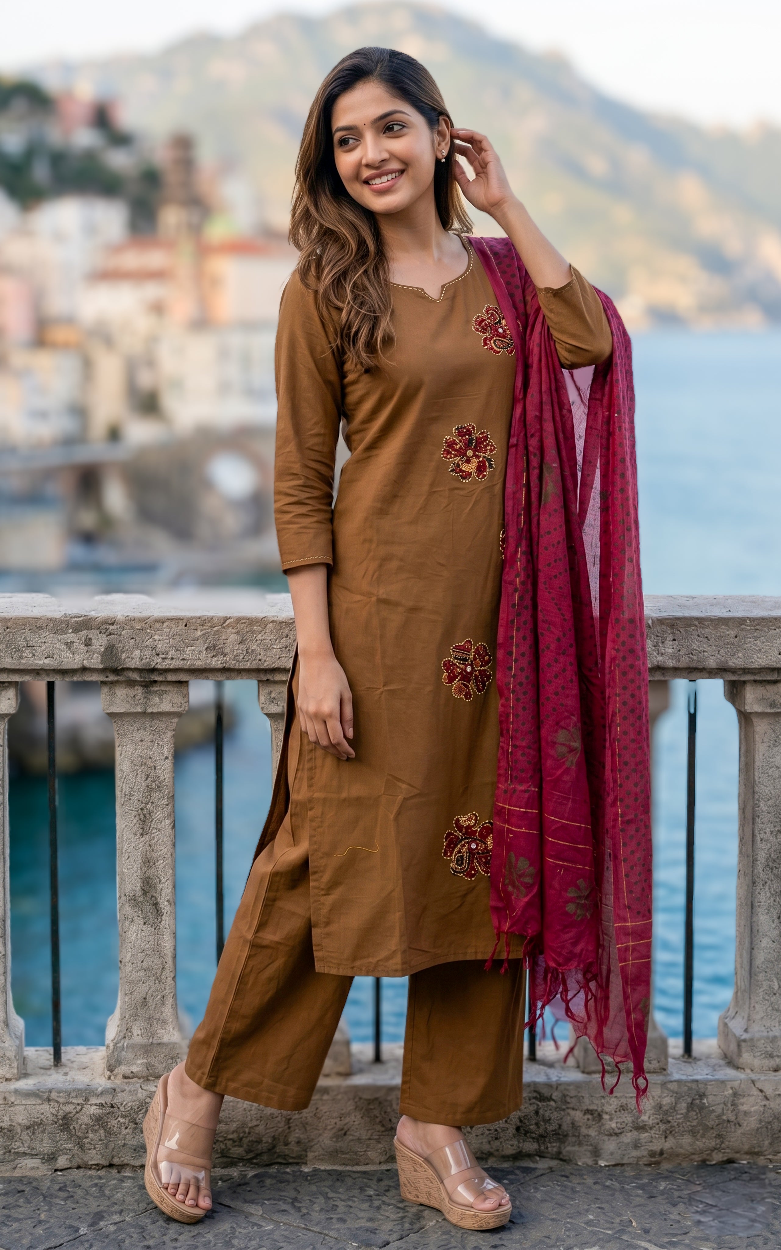 Instore – Brown Cotton Kurti Set for Women – Handblock Printed – Ethnic Wear