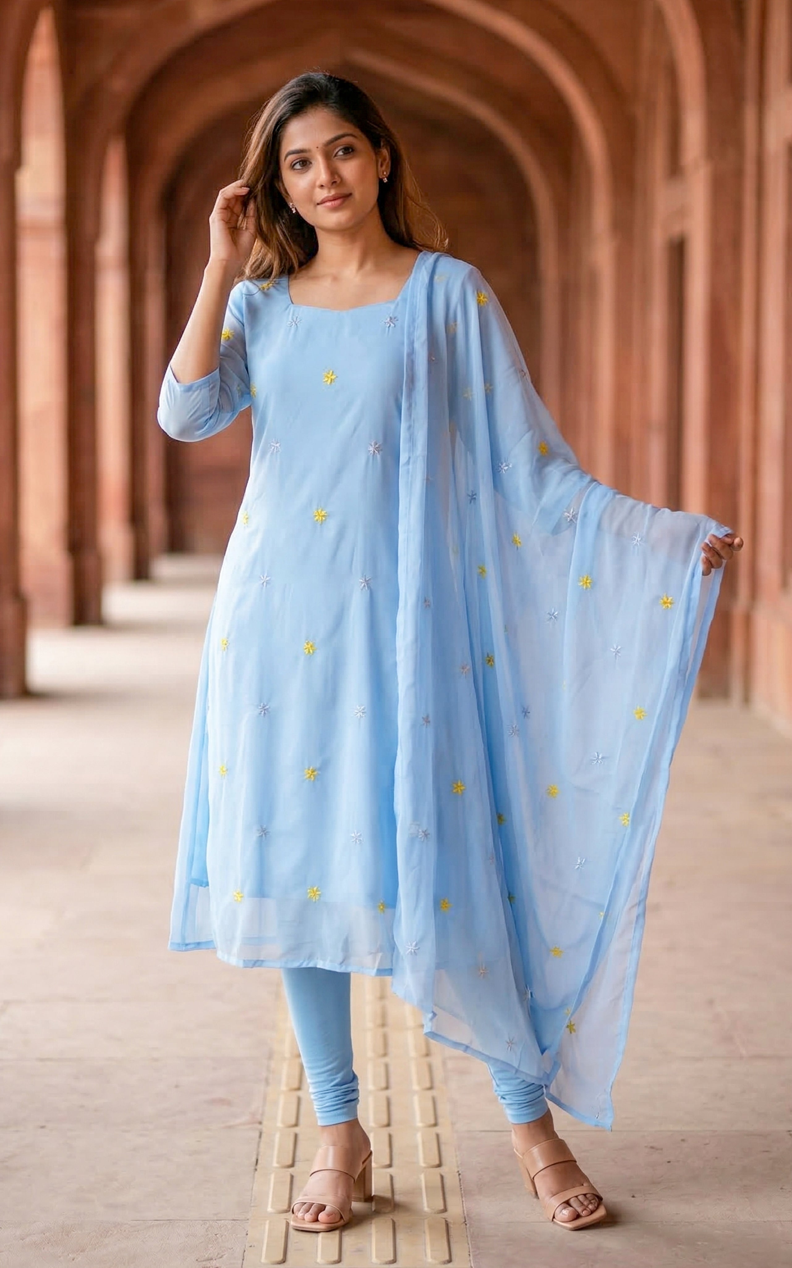 party wear embroidered kurti
function wear kurti with dupatta
elegant georgette kurti set
floral embroidery kurti for functions
lightweight party wear kurti