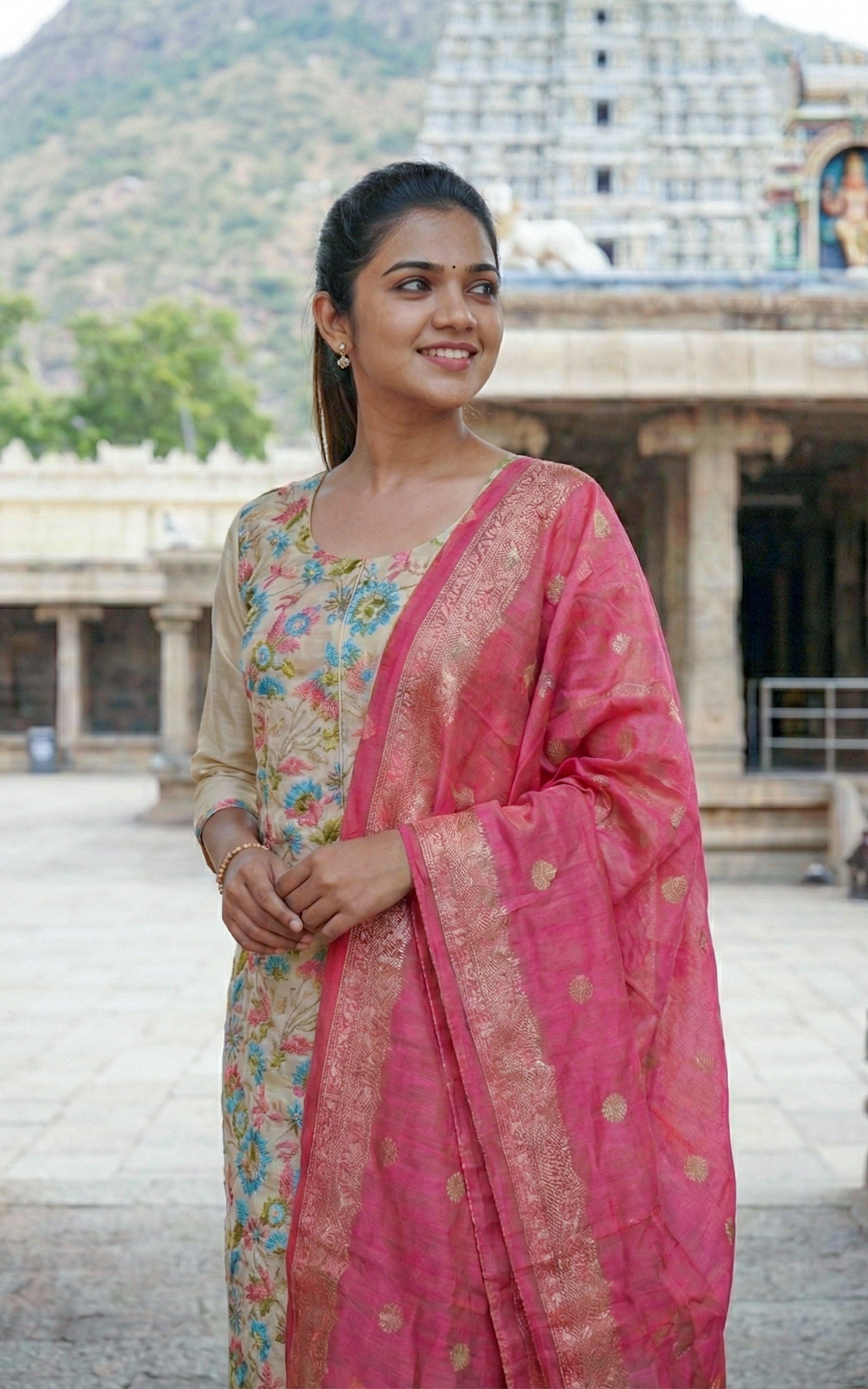 Instore - Beige Color Chanderi Silk Straight Cut Kurti with Side Slit & Floral Embroidery and Contrast Zari Dupatta