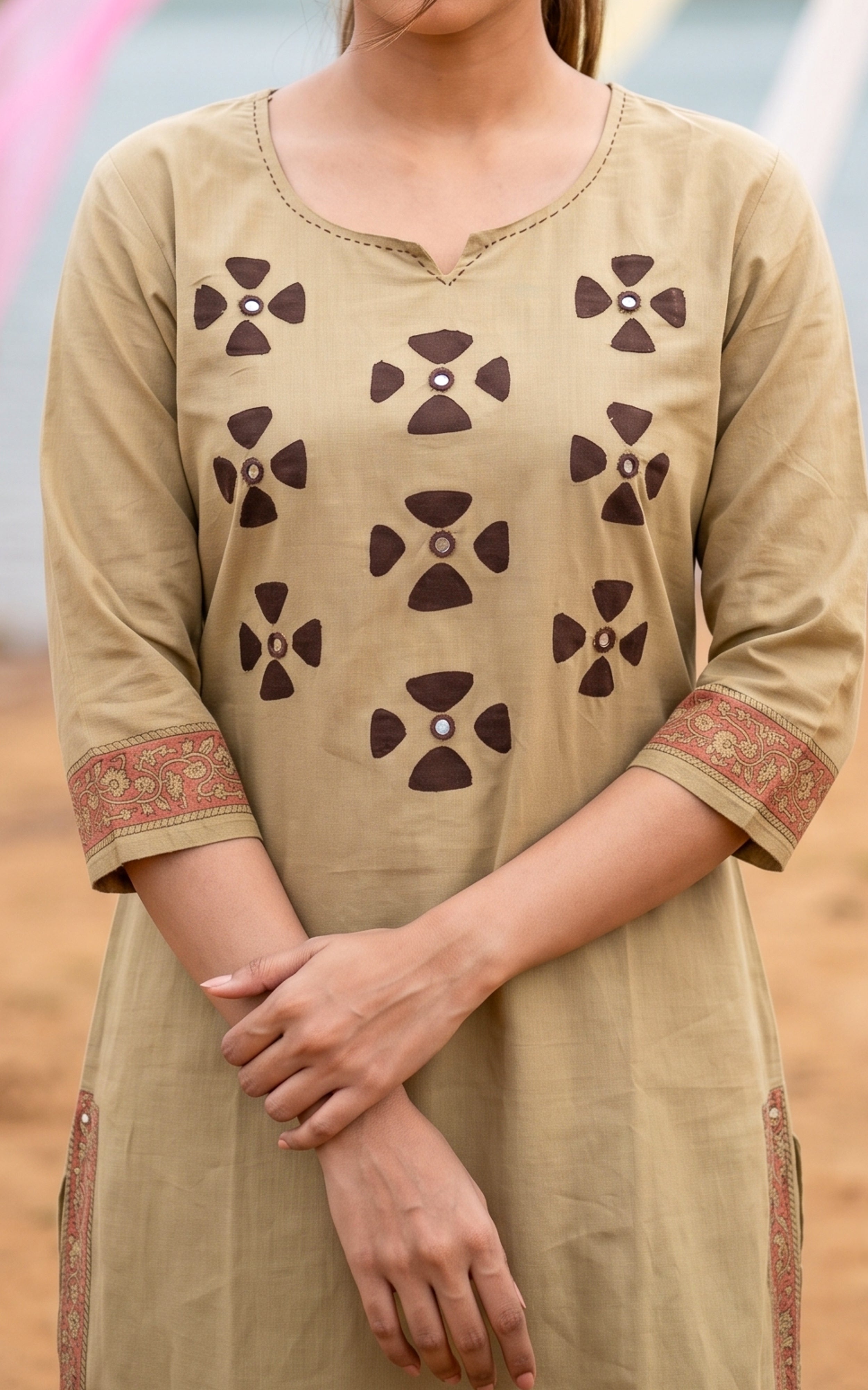 Instore – Beige Tharunya Handblock Kurti Pant Dupatta Set for Women – Cotton – Handblock Printed – Ethnic Wear