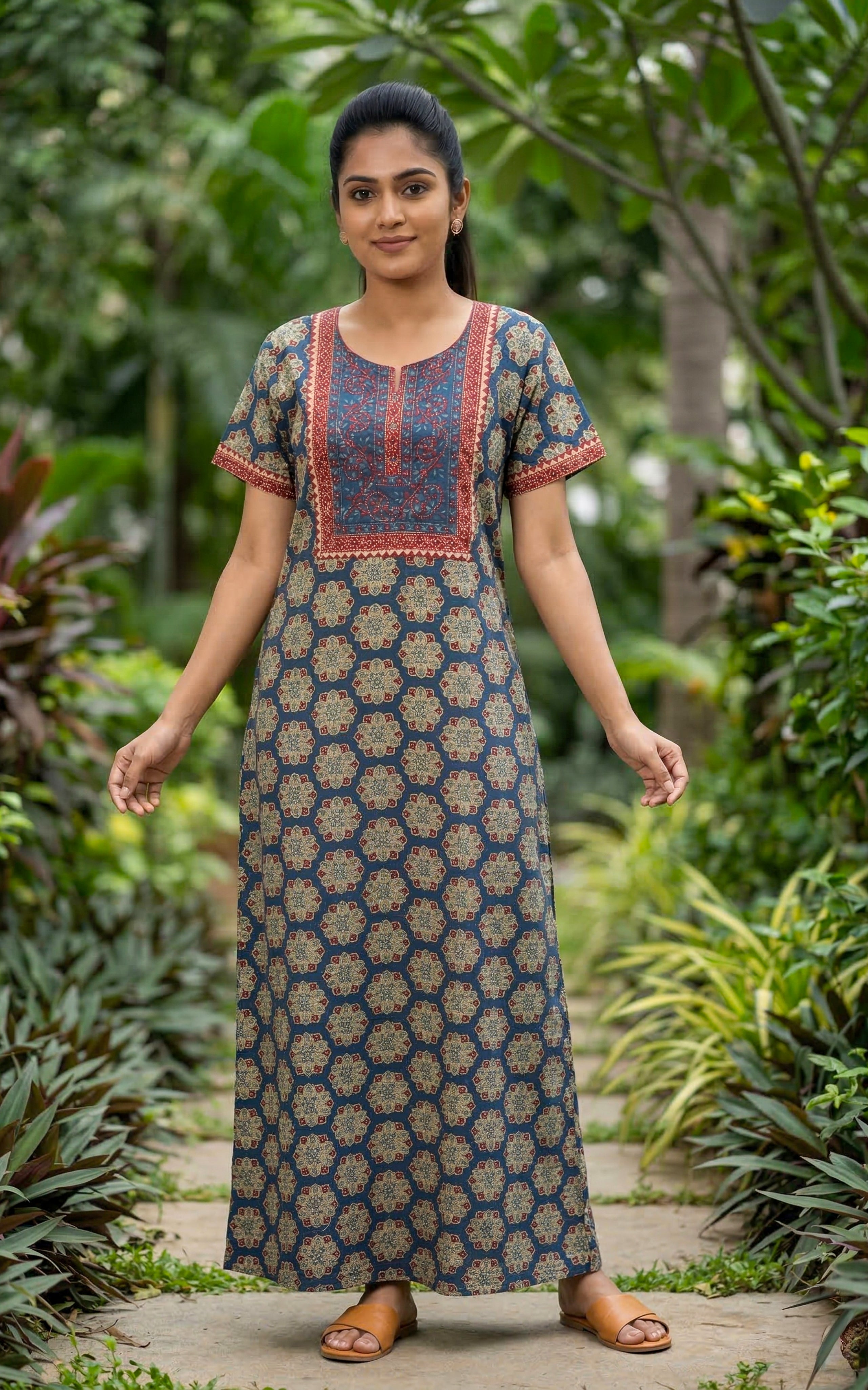 Instore – Slate Blue Cotton Long Nighty, Floral Motif Print, Round Neck with Printed Yoke Panel, Relaxed Fit, Women's Sleepwear