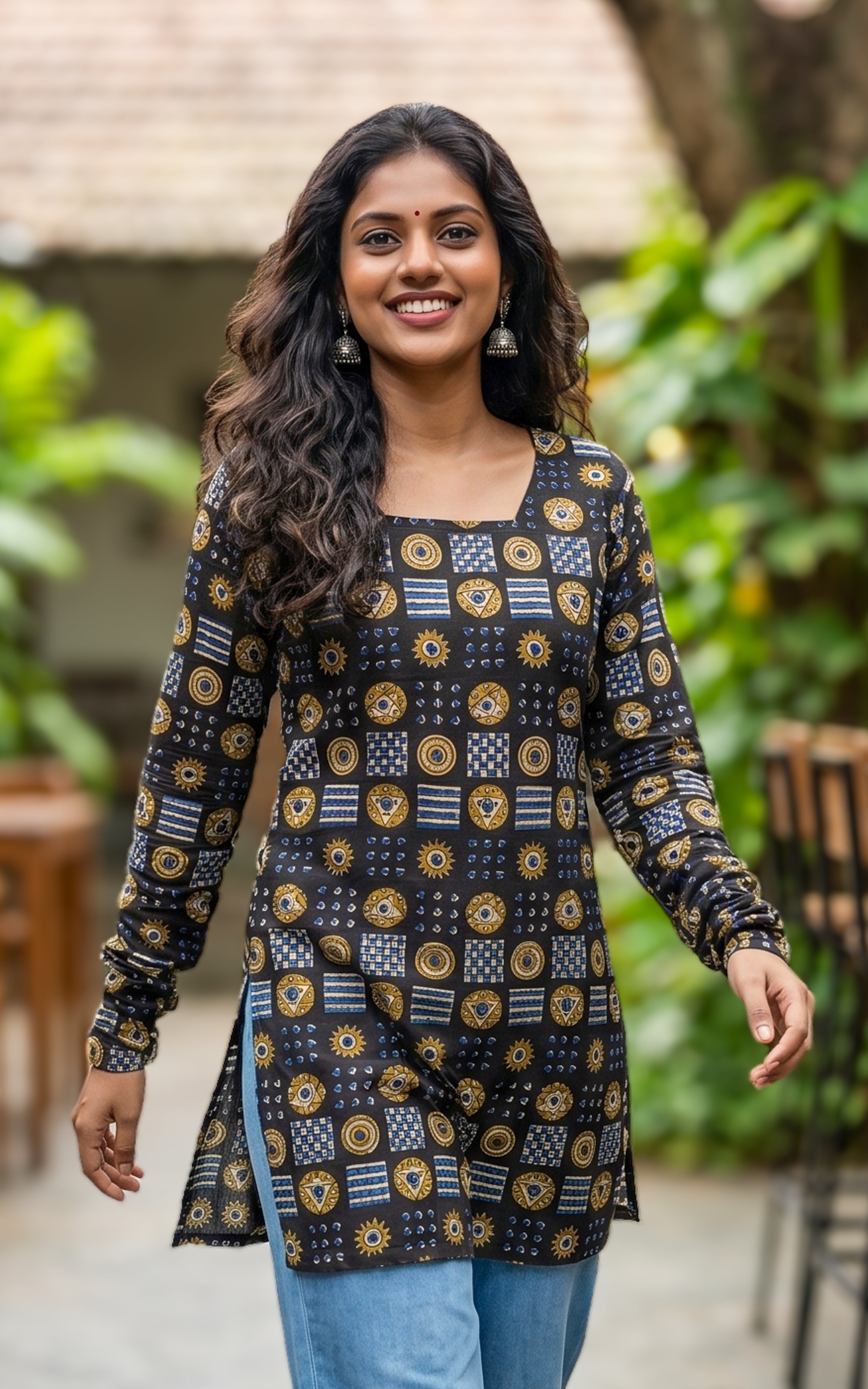 Instore – Handblock Printed Cotton Short Straight Cut Kurti for Women – Gathered Sleeves – Ethnic Wear