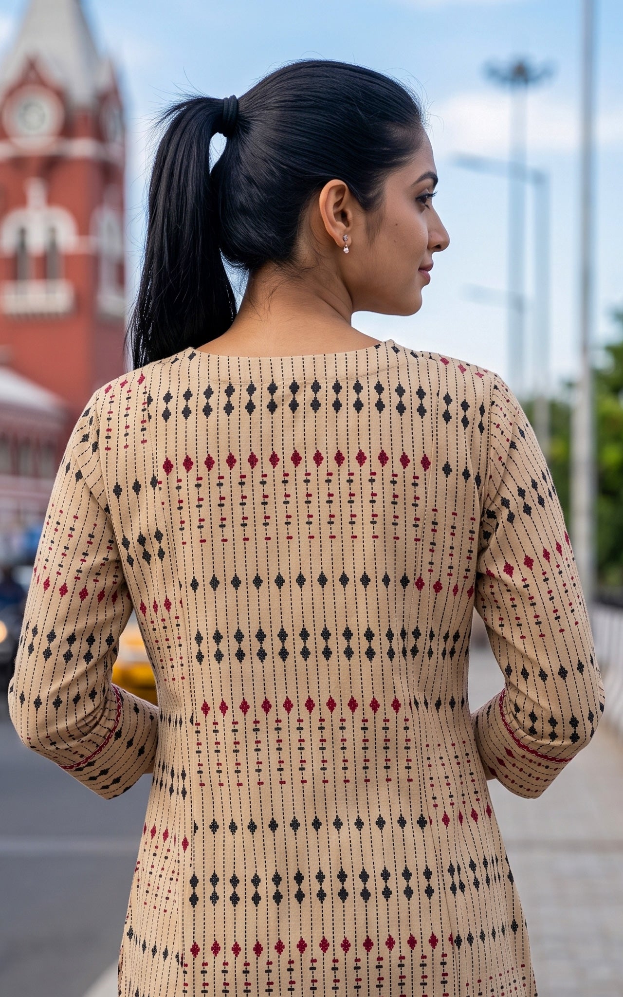 Beige and Black Cotton Aline Kurti Dupatta for Women